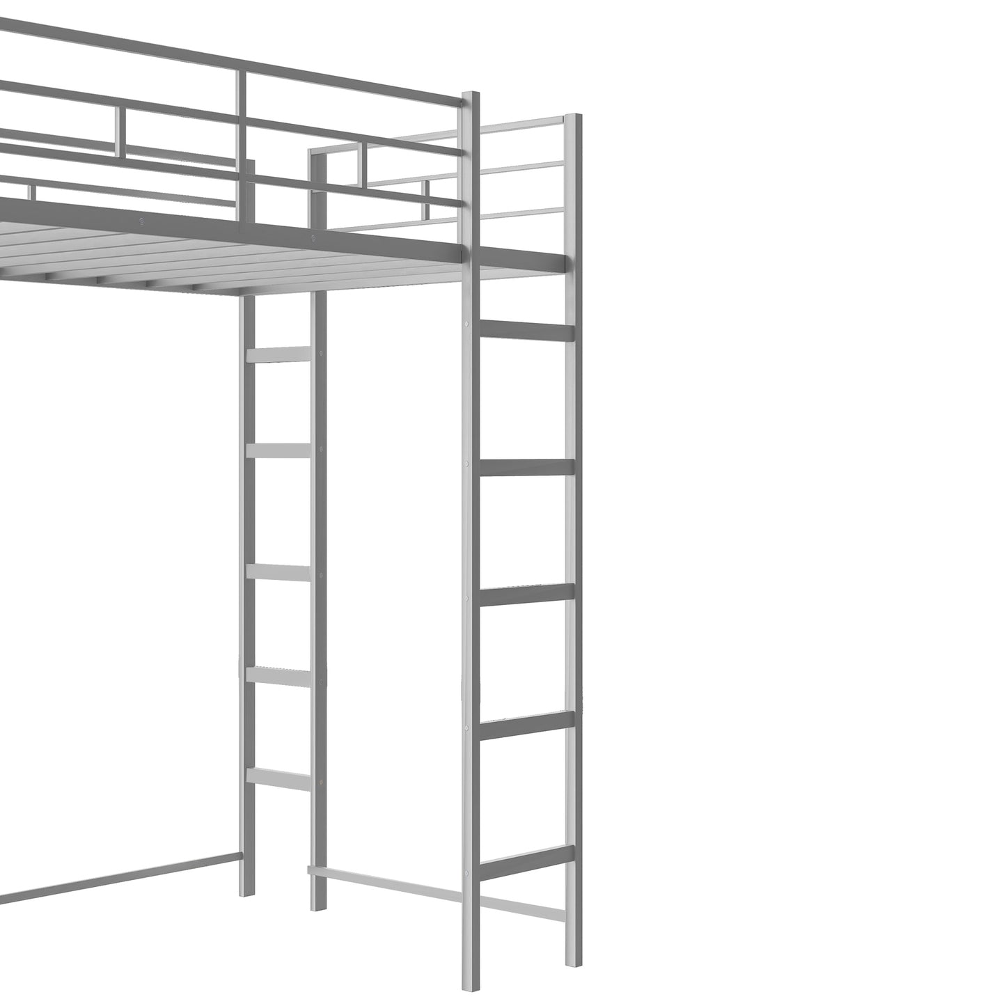 iRerts Twin Loft Bed, Twin Metal Loft Bed with 2 Shelves and 1 Desk, Twin Size Loft Bed with Safety Guardrail, Modern Twin Loft Bed Frame for Dorm Bedroom Guest Room, No Box Spring Needed, Silver