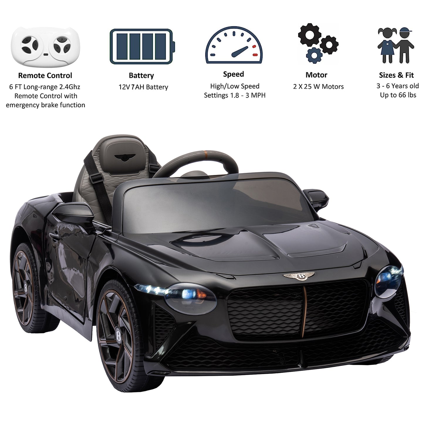 12V Ride On Car with Remote Control, Licensed Bentley Mulsanne Kids Electric Car with Bluetooth, Music, USB, MP3, LED Light, Battery Powered Electric Ride On Vehicle for Boy Girl Birthday Gift, Black