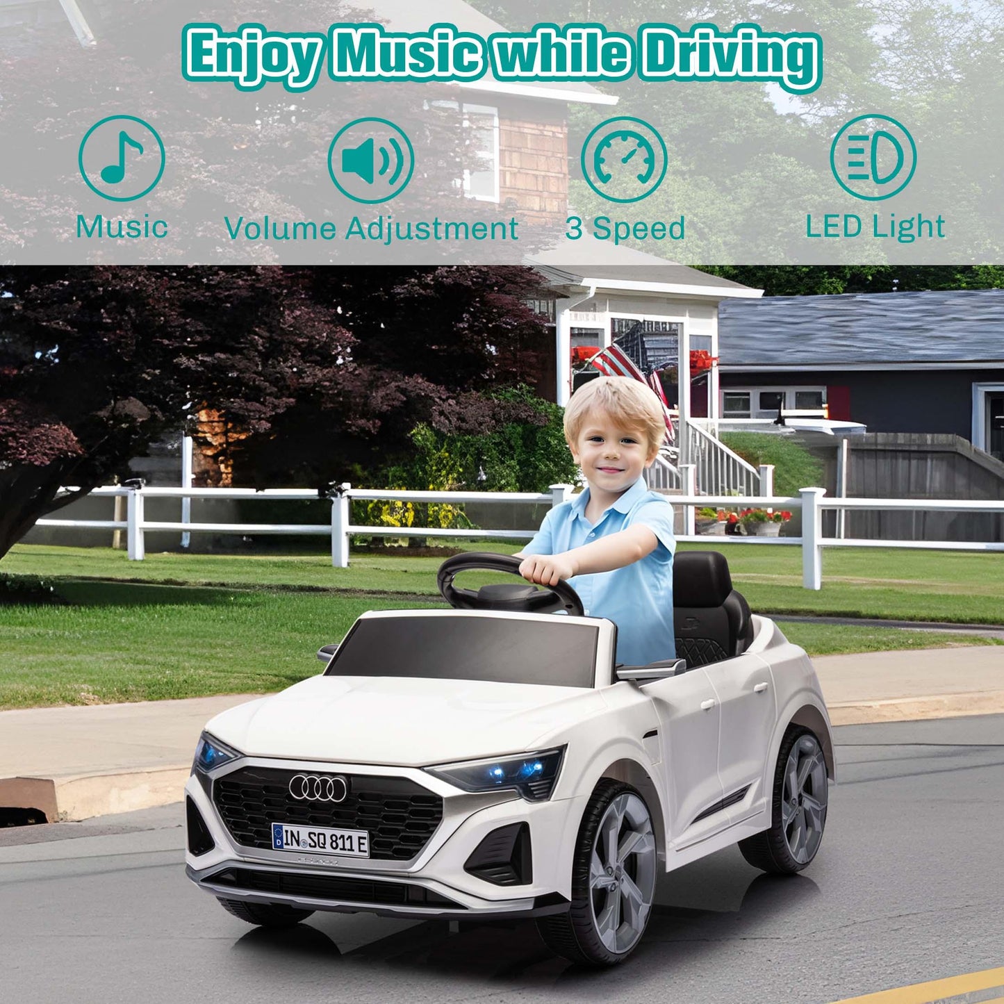 Ride on Toy Car Kids for Boys Girls, Licensed Audi SQ8 12V Ride on Cars with Remote Control, Battery Powered Electric Vehicle Car for Kids with Music, LED Lights, 3 Speed, 4 Wheeler, White