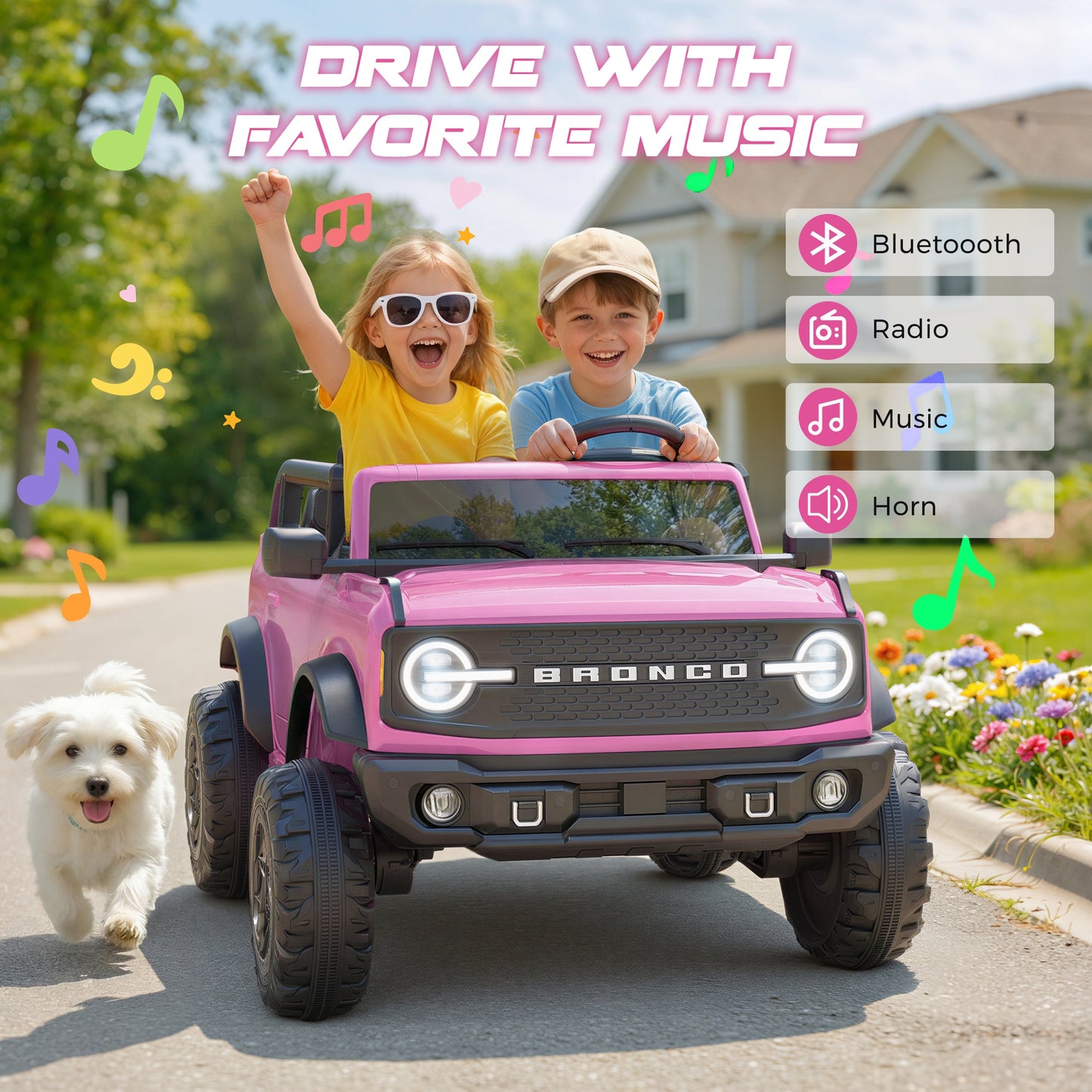 iRerts 2 Seater Ride on Cars, Licensed Ford Bronco Base 24V Ride on Toys for Big Kids Ages 3-8, Powered Kids Car Electric Vehicle with Remote Control, Bluetooth, LED Lights, 4 Wheel Suspension, Pink