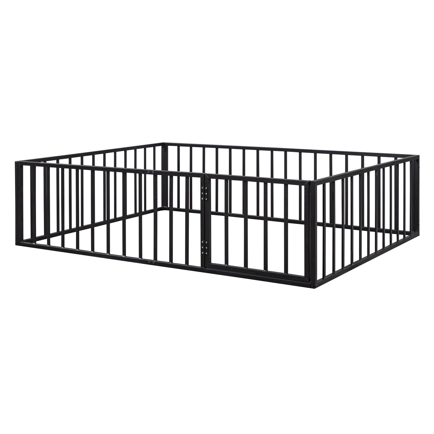 iRerts Queen Floor Bed Frame, Metal Queen Size Montessori Floor Bed Frame with Fence and Door, Kids Toddler Floor Bed Frame Queen Size for Girls Boys, Twin Bed Frame without Bed Slats, Black