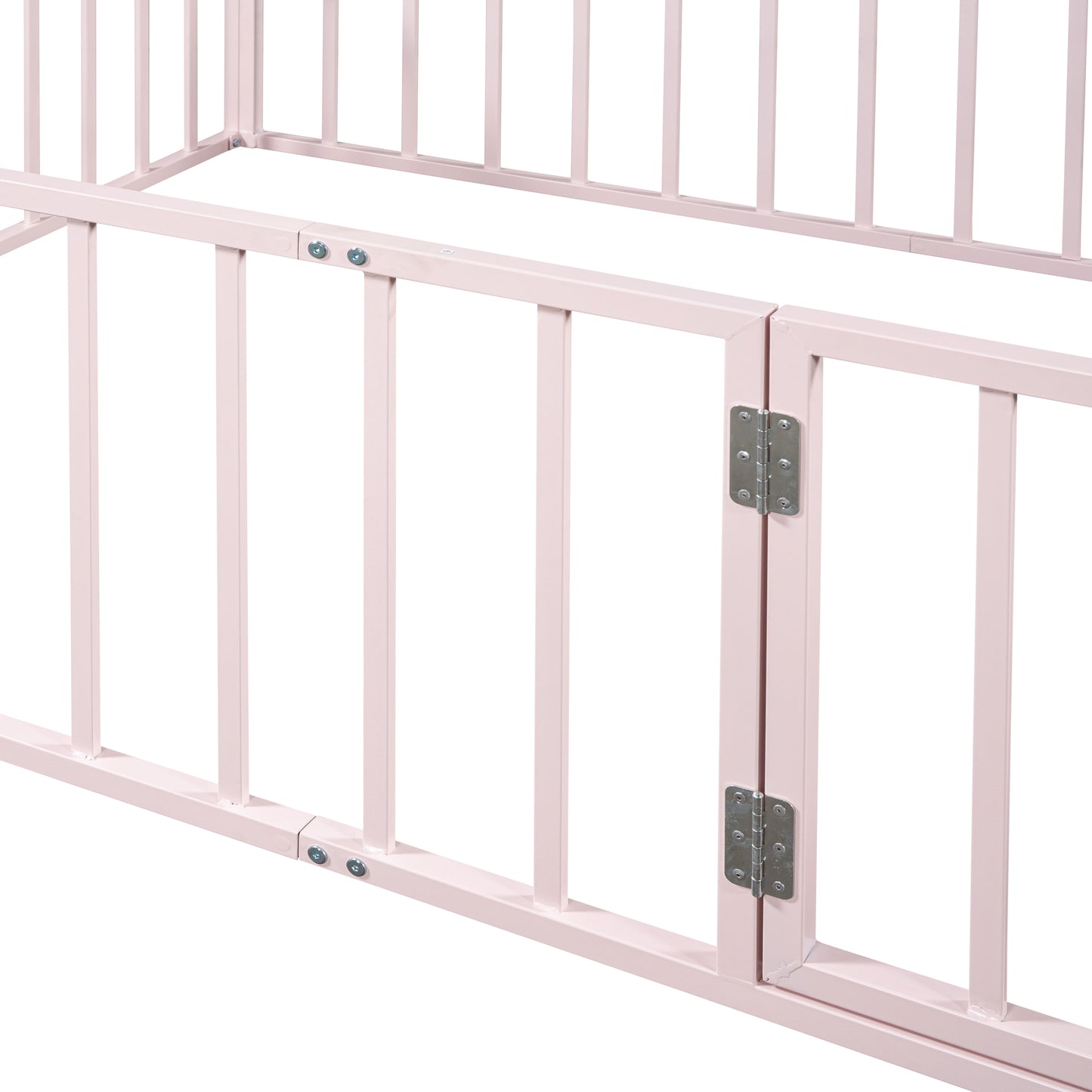 iRerts Full Floor Bed Frame, Metal Full Size Montessori Floor Bed Frame with Fence and Door, Kids Toddler Floor Bed Frame Full Size for Girls Boys, Twin Bed Frame without Bed Slats, Pink