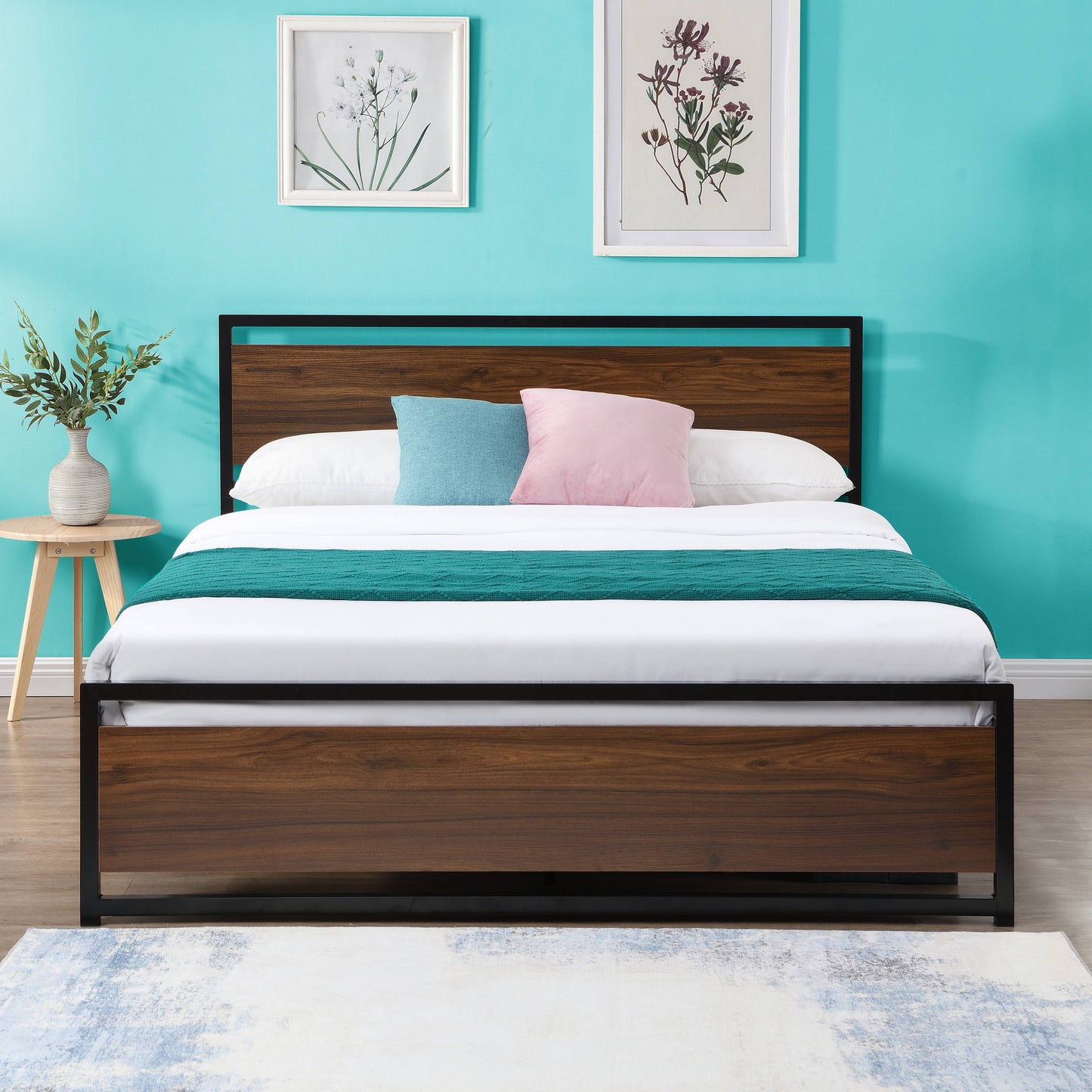 iRerts Queen Platform Bed Frame with Headboard, Industrial Metal Queen Bed Frame with Slat Support, Modern Bed Frame Queen Size for Adults Teens Kids Bedroom, No Box Spring Needed, Brown