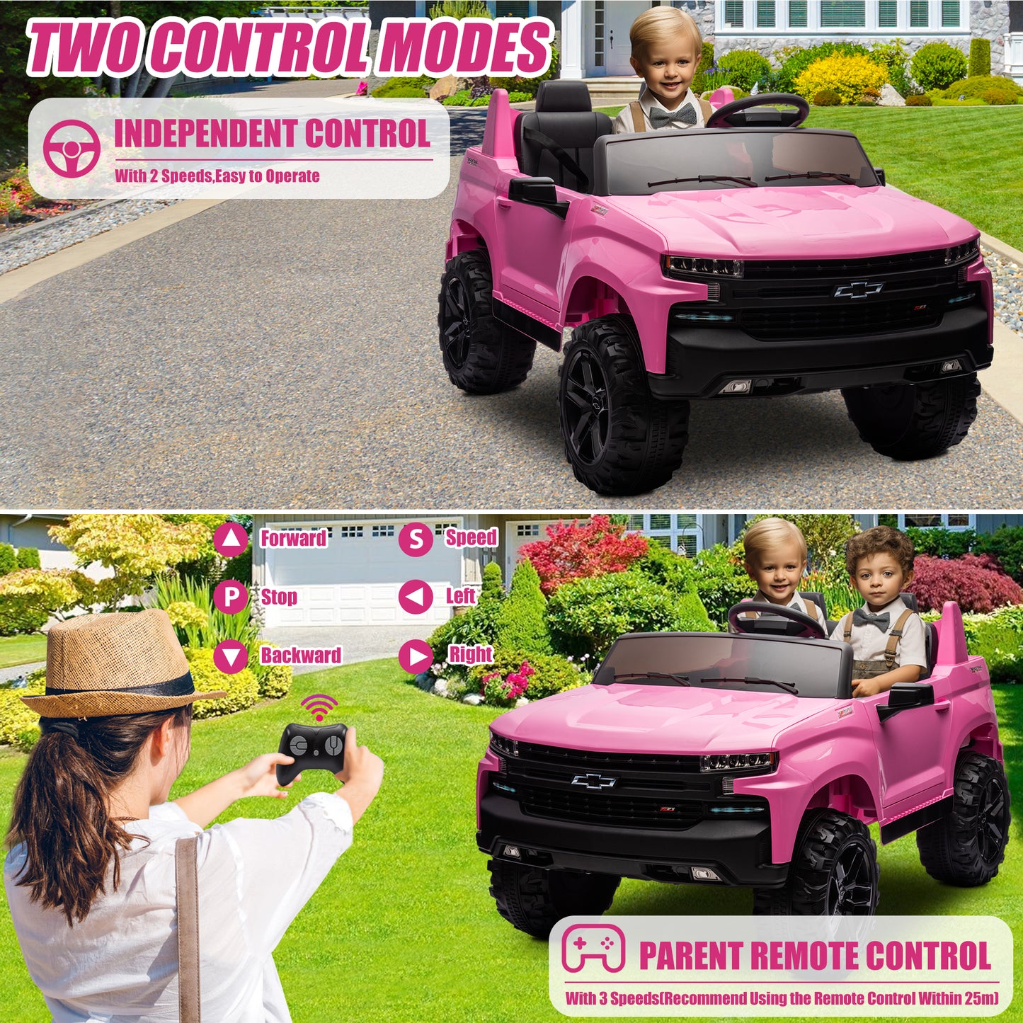 Chevrolet Silverado 24V Ride on Cars with Remote Control, 2 Seater 4 Wheels Kids Electric Cars with Bluetooth, LED Lights, Battery Powered Ride on Truck Toys for Boys Girls Christmas Gifts, Pink
