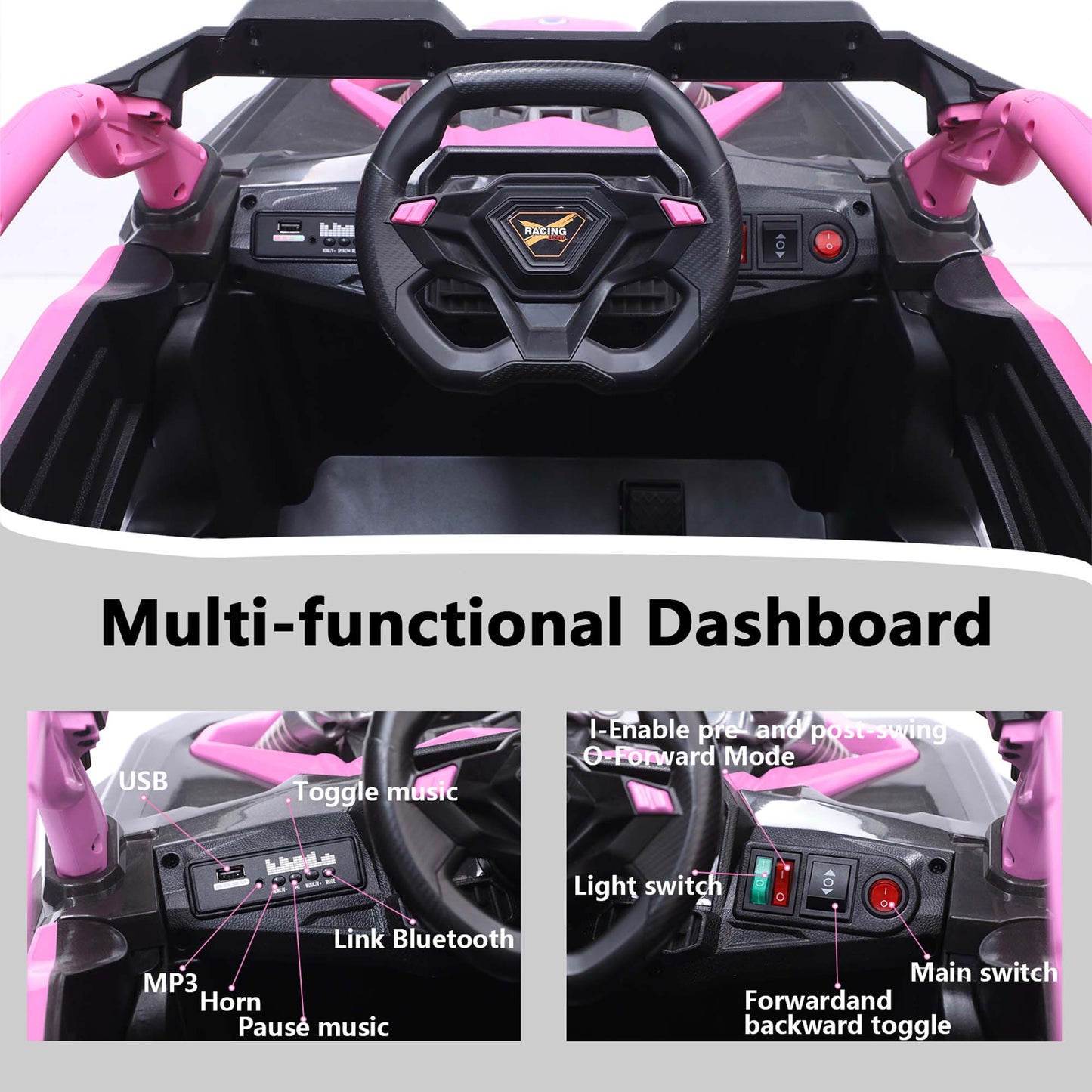 iRerts 24V Ride on Toys with Parents Remote Control, Ride on UTV Car with Bluetooth, MP3 Port, Music, LED Lights, 4 Shock Absorbers, Battery Powered Electric Car for Kids Ages 2-6, Magenta