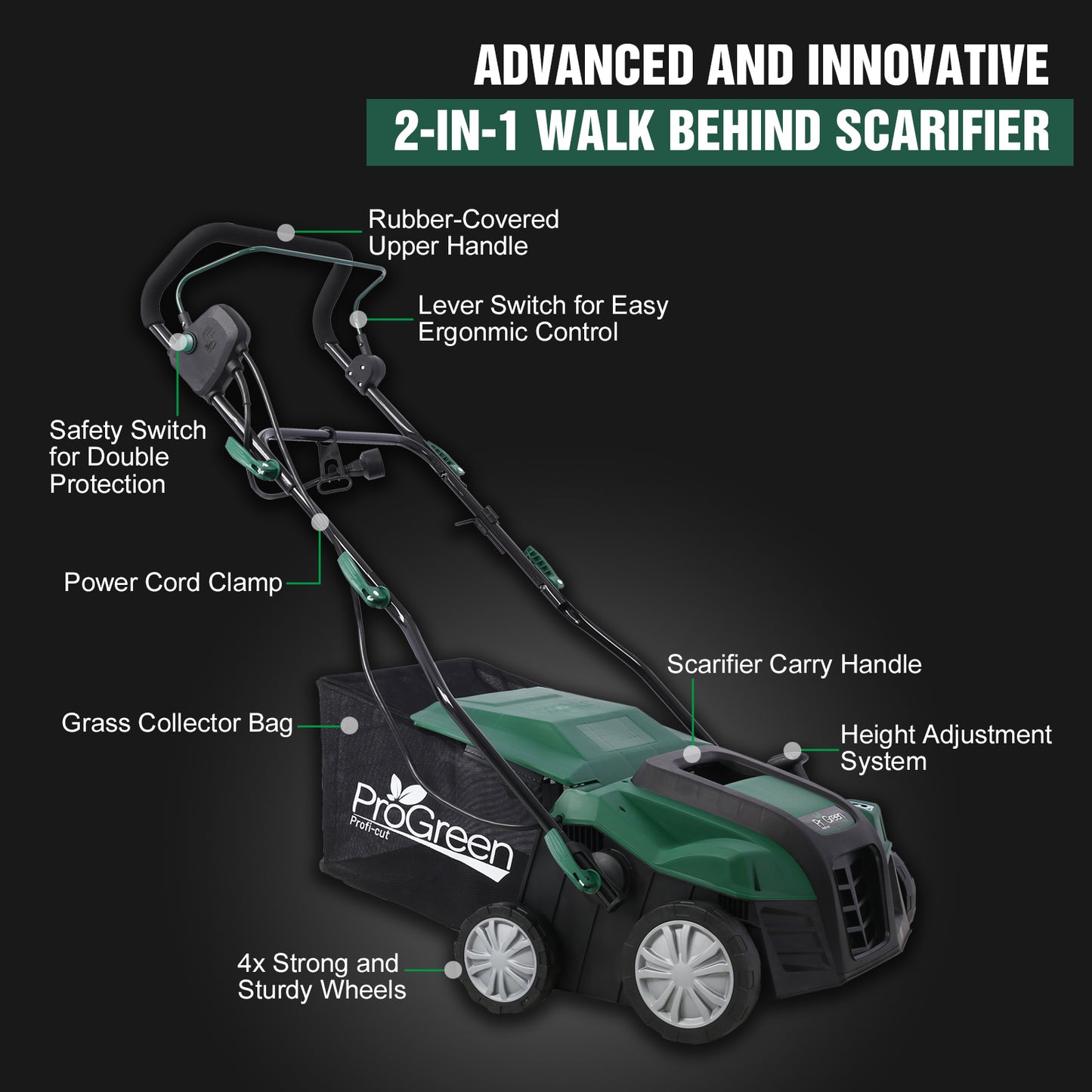 iRerts Electric Dethatcher and Scarifier, 2-in-1 16 Inch Dethatcher Scarifier with 58QT Removable Collection Bag, 4 Position Height Adjustment, 15 Amp Walk Behind Scarifier for Garden Yard, Green