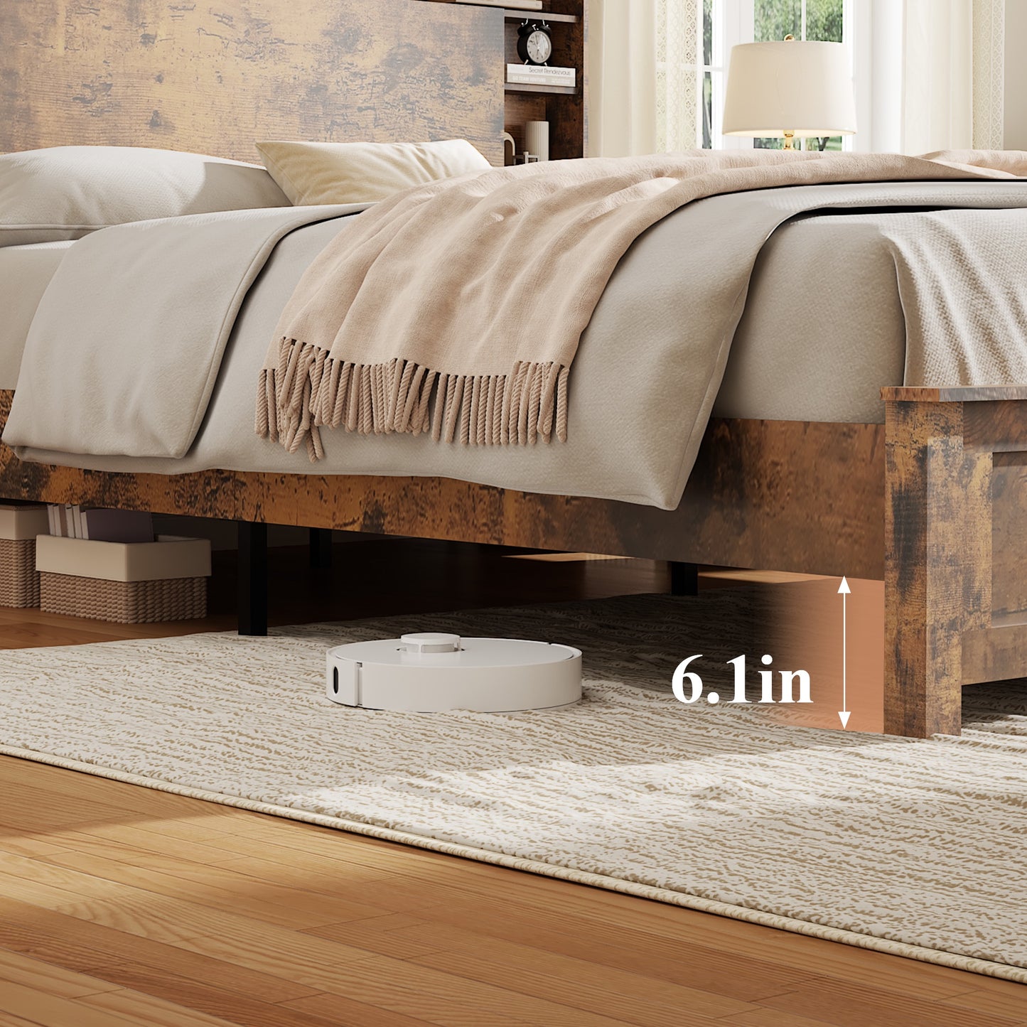 iRerts Wood Full Platform Bed Frame, Full Bed Frame with Storage Headboard, Charging Station, LED Lights, Full Bed Frame No Box Spring Needed, Dark Brown
