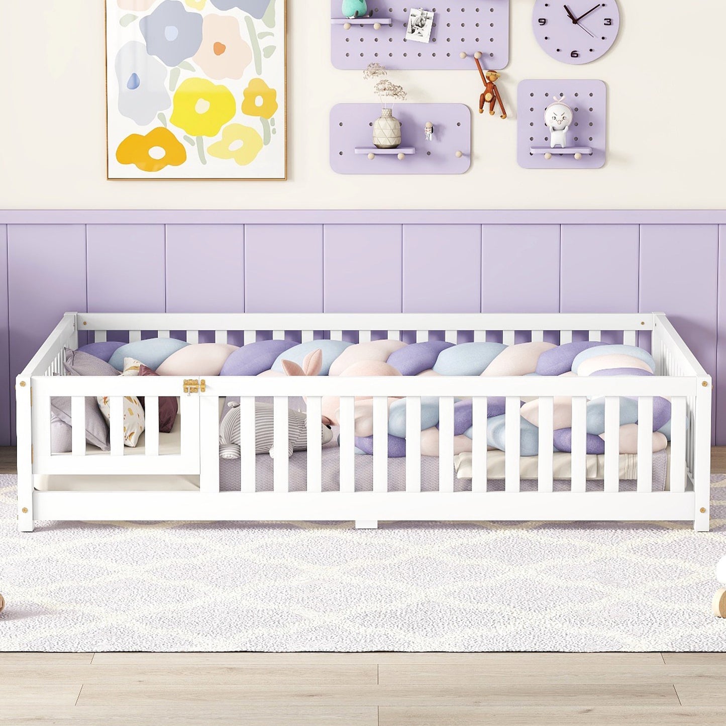 iRerts Full Floor Bed Frame for Toddlers Kids, Wood Full Montessori Bed Frame with Slats, Fence, Door, Kids Montessori Bed Full Size, Full Toddler Bed Frame for Boys Girls, White