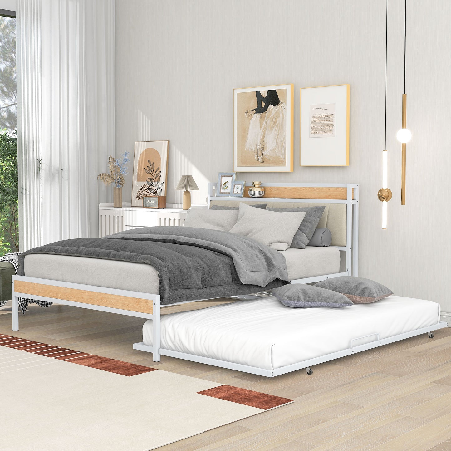 Full Size Metal Platform Bed Frame with Twin Size Trundle, Full Size Bed Frame with Upholstered Headboard, USB Ports, Steel Slat Support, Full Bed Frame No Box Spring Needed for Bedroom, White