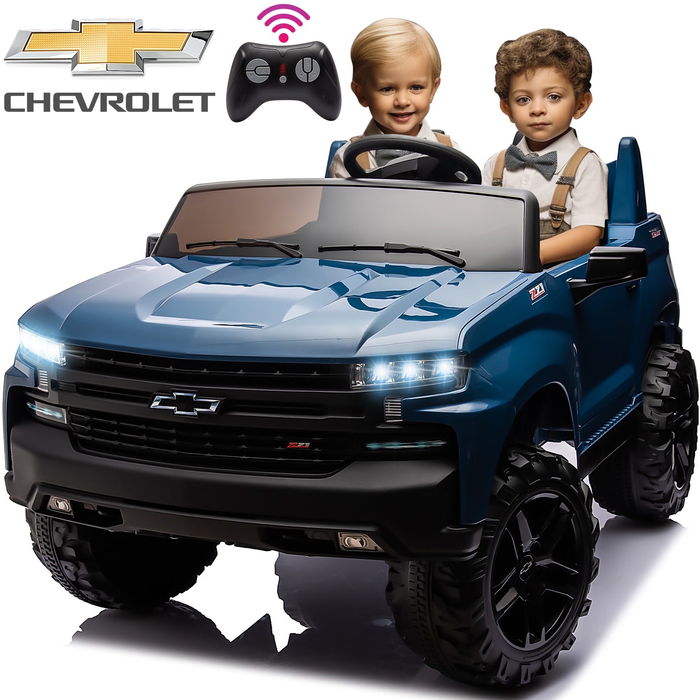 Chevrolet Silverado 24V Ride on Cars with Remote Control, 2 Seater 4 Wheels Kids Electric Cars with Bluetooth, LED Lights, Battery Powered Ride on Truck Toys for Boys Girls Christmas Gifts, Blue