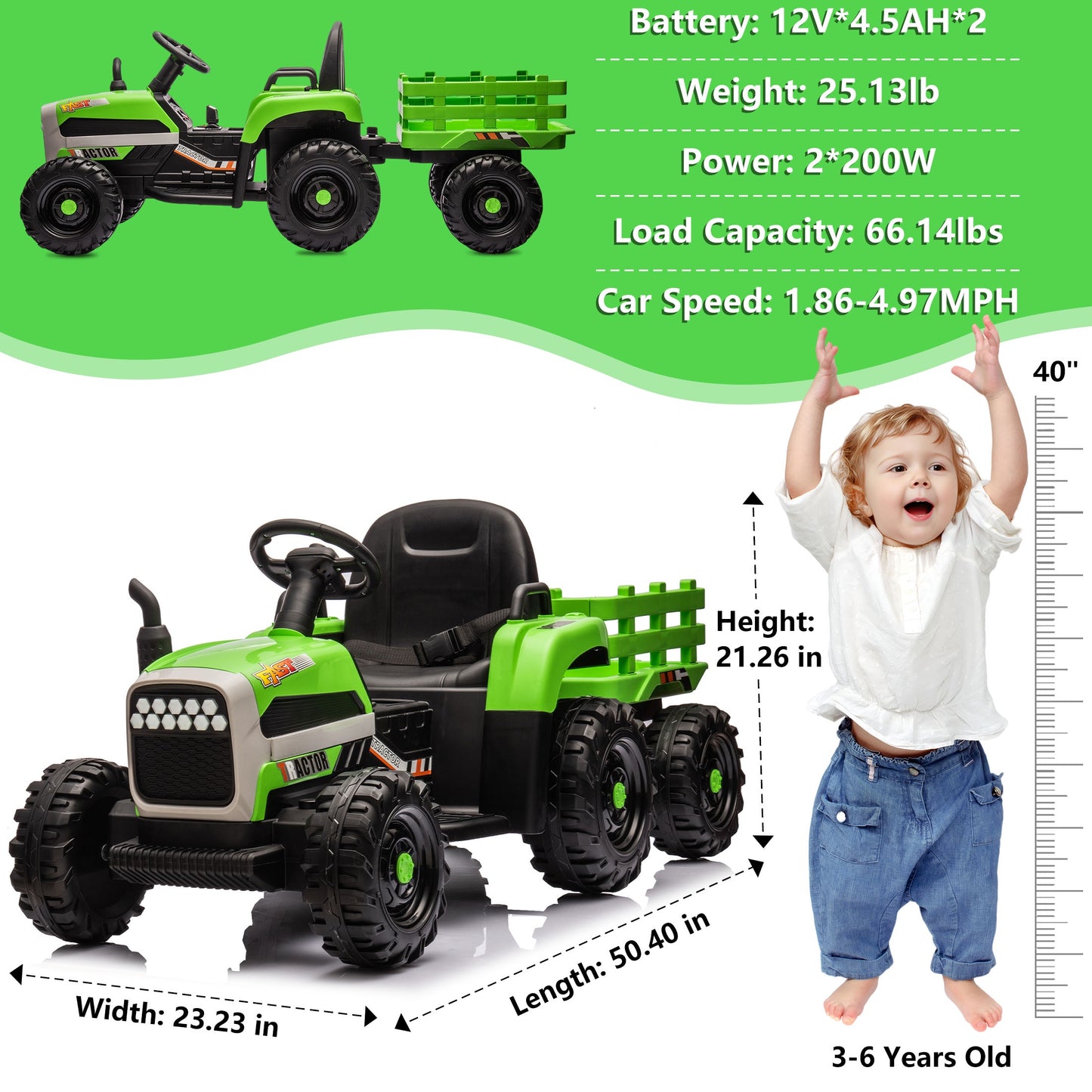 Powered Ride on Toy Tractor, 24V Kids Ride on Car with Remote Control, Electric Vehicles for Kids Toddlers 3-6 Years with 3 Speeds, Bluetooth, Music Player, LED Light, Rear Wheel Suspension, Green