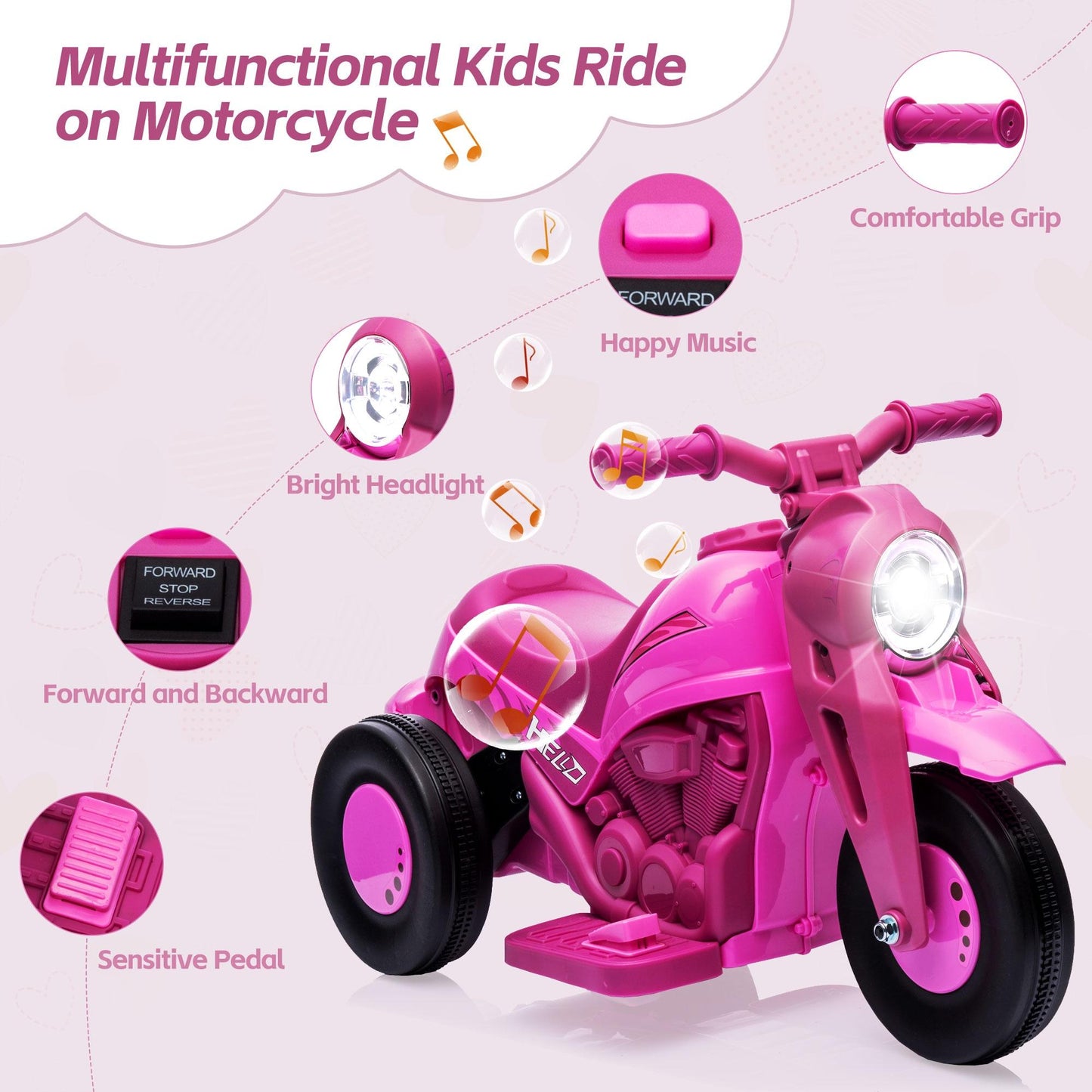 6V Electric Ride on Motorcycle for Toddlers Kids with Bubble Maker, Battery Powered Motorized Motorcycle Bike, Ride on Toy w/LED Light and Music for Girls Boys Ages 3+, 3 Wheels