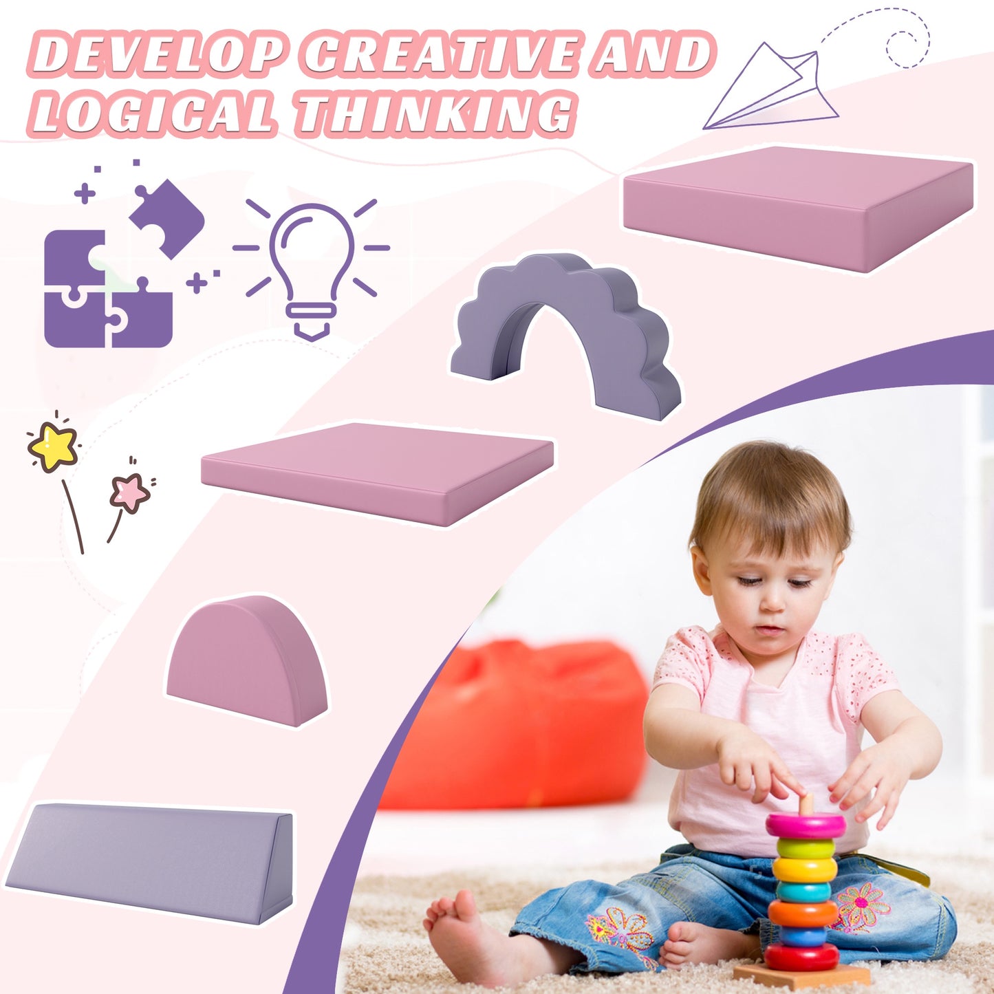 iRerts 10 PCS Modular Kids Play Couch, Kids Sofa Couch for Playroom Child Sectional Sofa, Foam Climbing Blocks Convertible Sofa, Baby Toddlers Couch Floor Sofa for Children, Pink