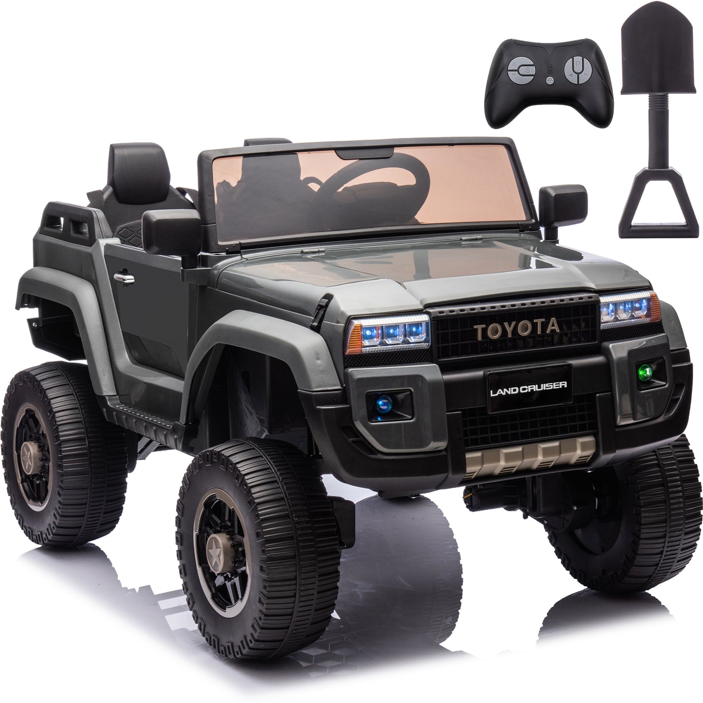 Licensed Toyota LC250 24V 2 Seater Ride On Car, Powered Ride on Toys with Remote Control, Shovel, Bluetooth Music, 4WD 220W Motor, 4 Wheels Suspension, Electric Truck for Kids Boy Girl Ages 3-8, Gray