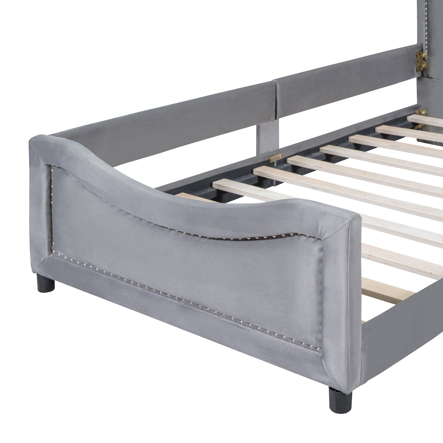 iRerts Upholstered Twin Platform Bed Frame, Velvet Twin Daybed Frame with Classic Stripe Shaped Headboard and Footboard, Wood Twin Size Sofa Bed for Kids Girls Boys, No Box Spring Needed, Gray