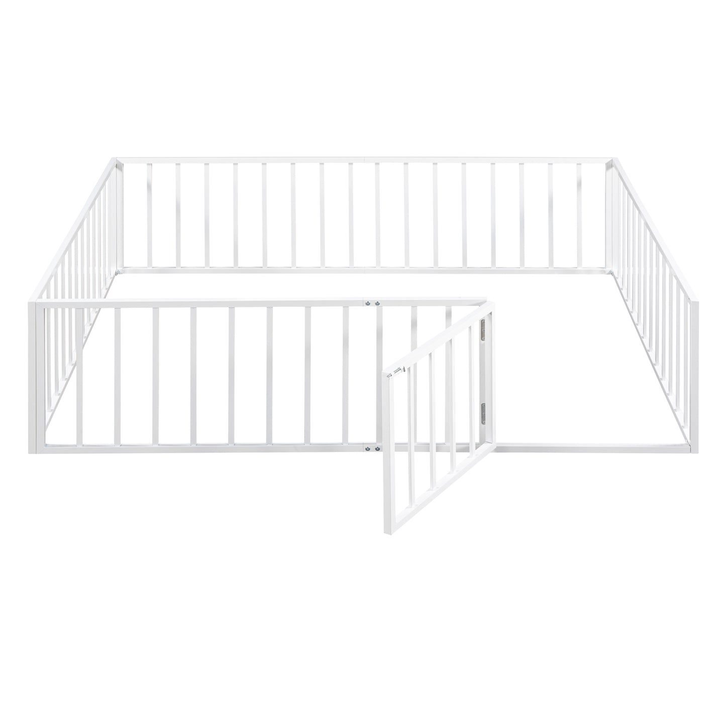 iRerts Queen Floor Bed Frame, Metal Queen Size Montessori Floor Bed Frame with Fence and Door, Kids Toddler Floor Bed Frame Queen Size for Girls Boys, Twin Bed Frame without Bed Slats, White