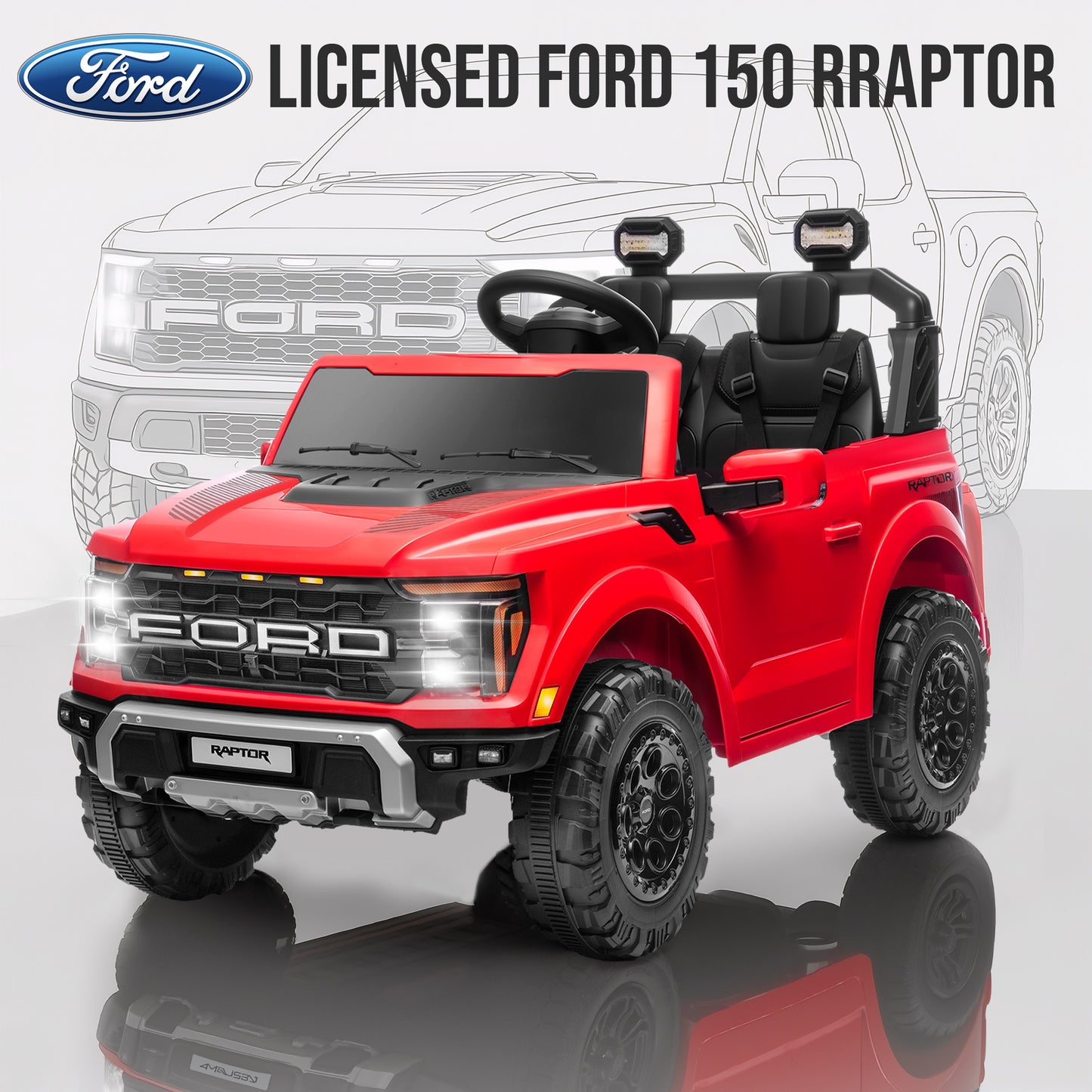 iRerts 24V Ride on Toys for Big Kids, Licensed Ford F 150 Raptor 2 Seater Ride on Cars with Remote Control, Bluetooth, FM Radio, LED Lights, 4 Wheels Suspension, Electric Car for Kids Ages 3-8, Red