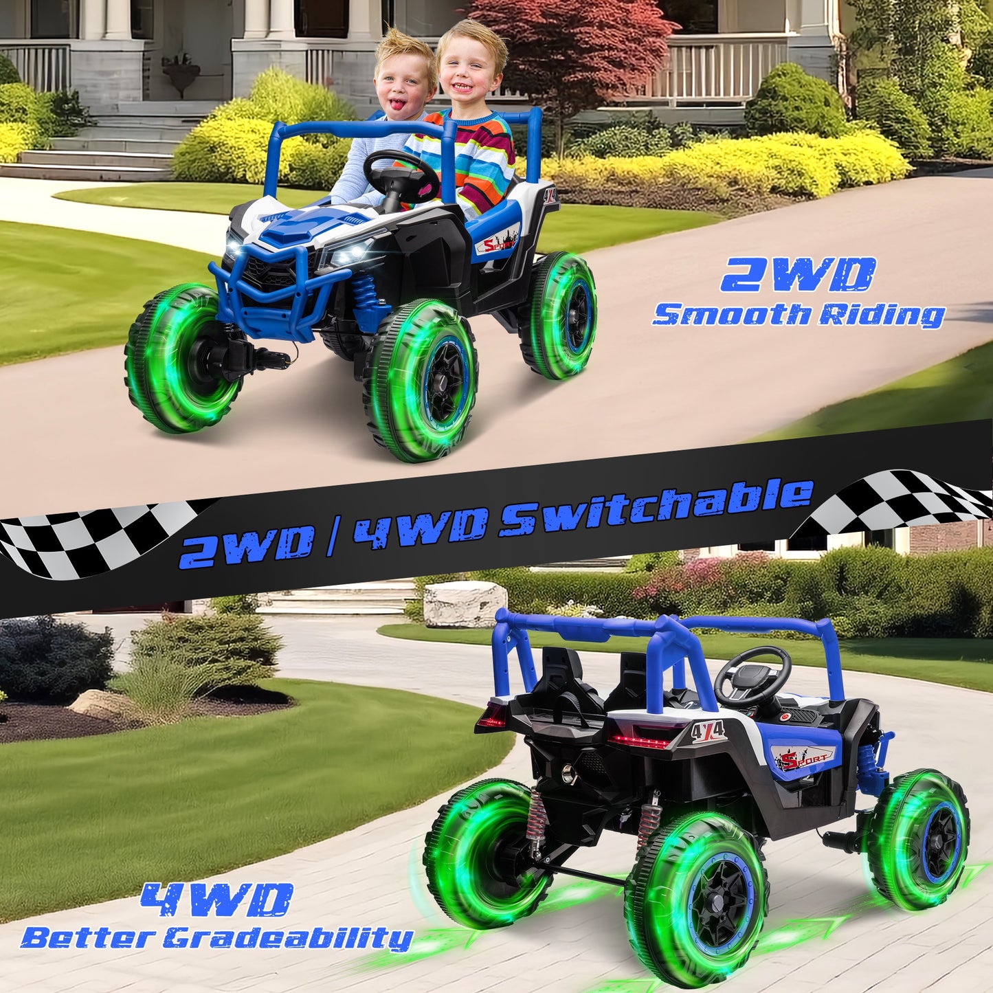iRerts 24V Ride on UTV Cars 2 Seater, Kids Electric Ride on Toy Car with Remote Control, Music, LED Light, USB, Bluetooth, Kids Electric Vehicle for Christmas Birthday Gifts, Blue
