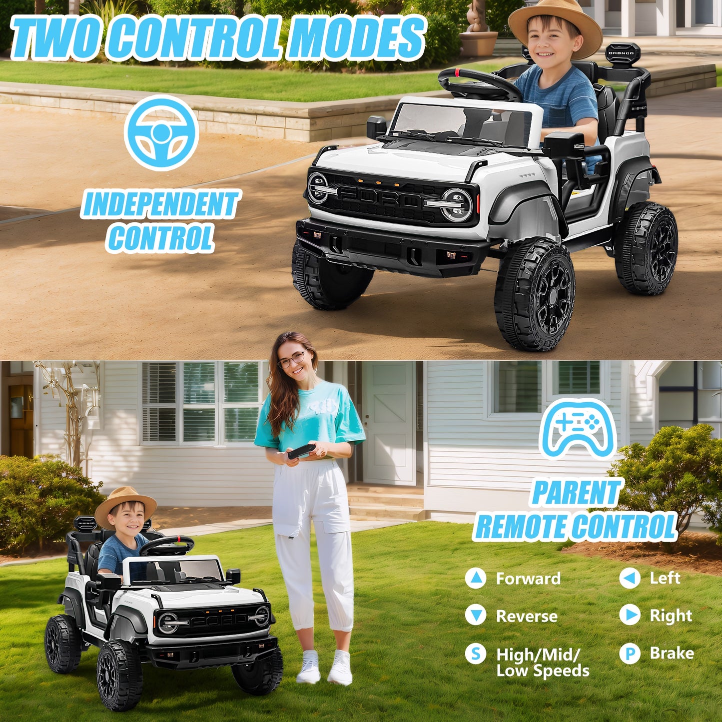 12V Powered Ride on Car, Ford Bronco Raptor Ride on Toys with Remote Control, Battery Powered Ride on Trucks with Bluetooth Music, LED Light, Kids Car Electric Vehicle for Boys Girls Gifts, White