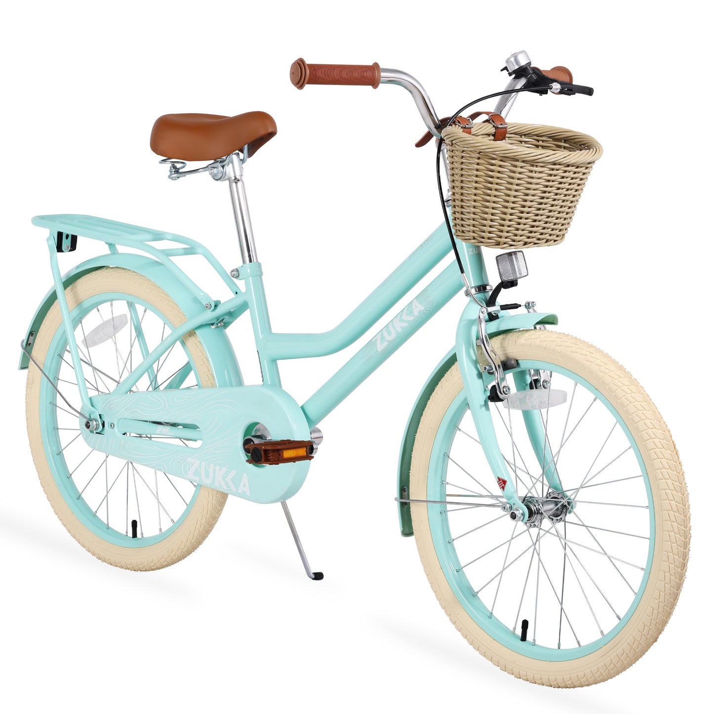 iRerts Girls Bike for 7-10 Years Old Kids, 20 Inch Bike with Basket, Brown Leather Saddle, Coaster Brakes, Retro Style Girls Bicycle Kids Cycle Bikes, Kids Bicycle for Gifts, Mint Green