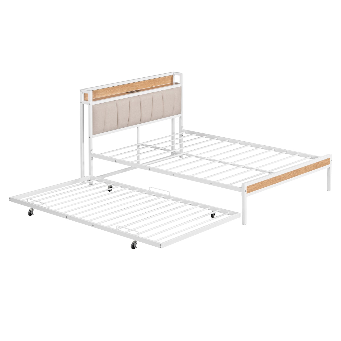Full Size Metal Platform Bed Frame with Twin Size Trundle, Full Size Bed Frame with Upholstered Headboard, USB Ports, Steel Slat Support, Full Bed Frame No Box Spring Needed for Bedroom, White
