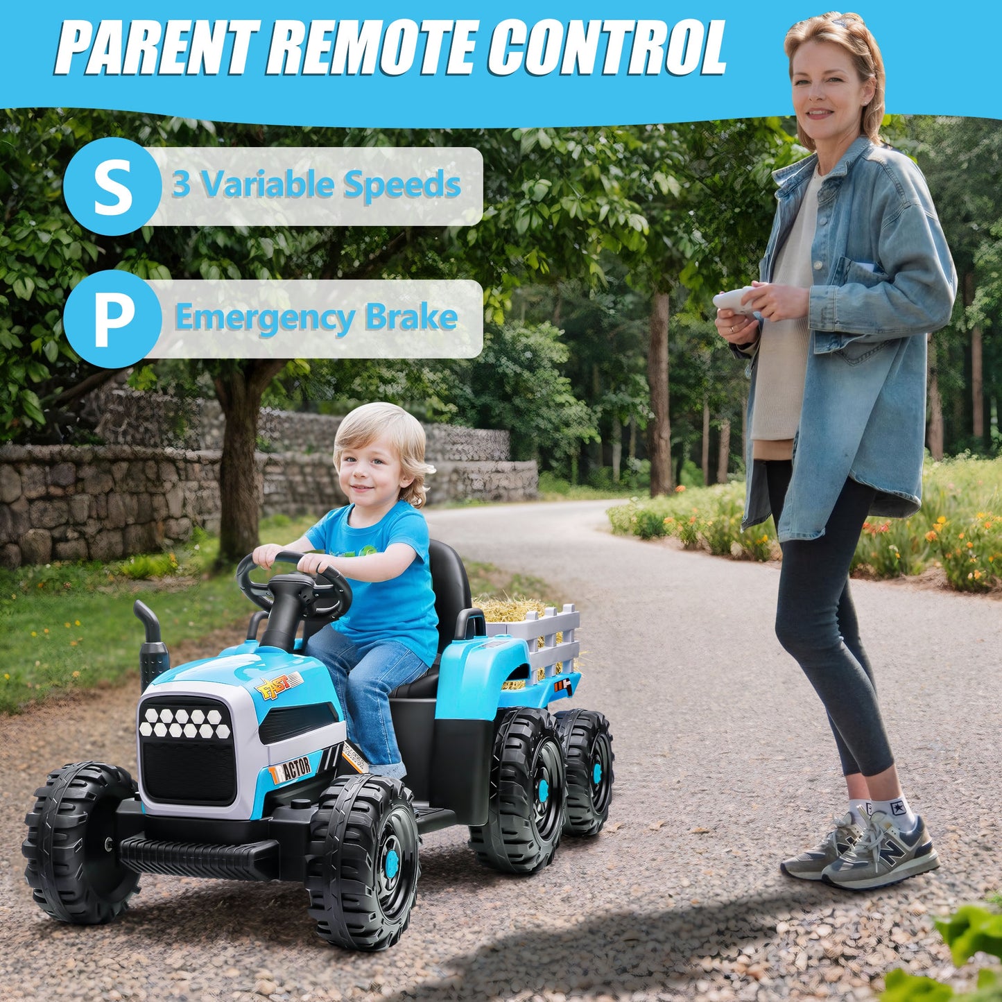 Powered Ride on Toy Tractor, 24V Kids Ride on Car with Remote Control, Electric Vehicles for Kids Toddlers 3-6 Years with 3 Speeds, Bluetooth, Music Player, LED Light, Rear Wheel Suspension, Blue