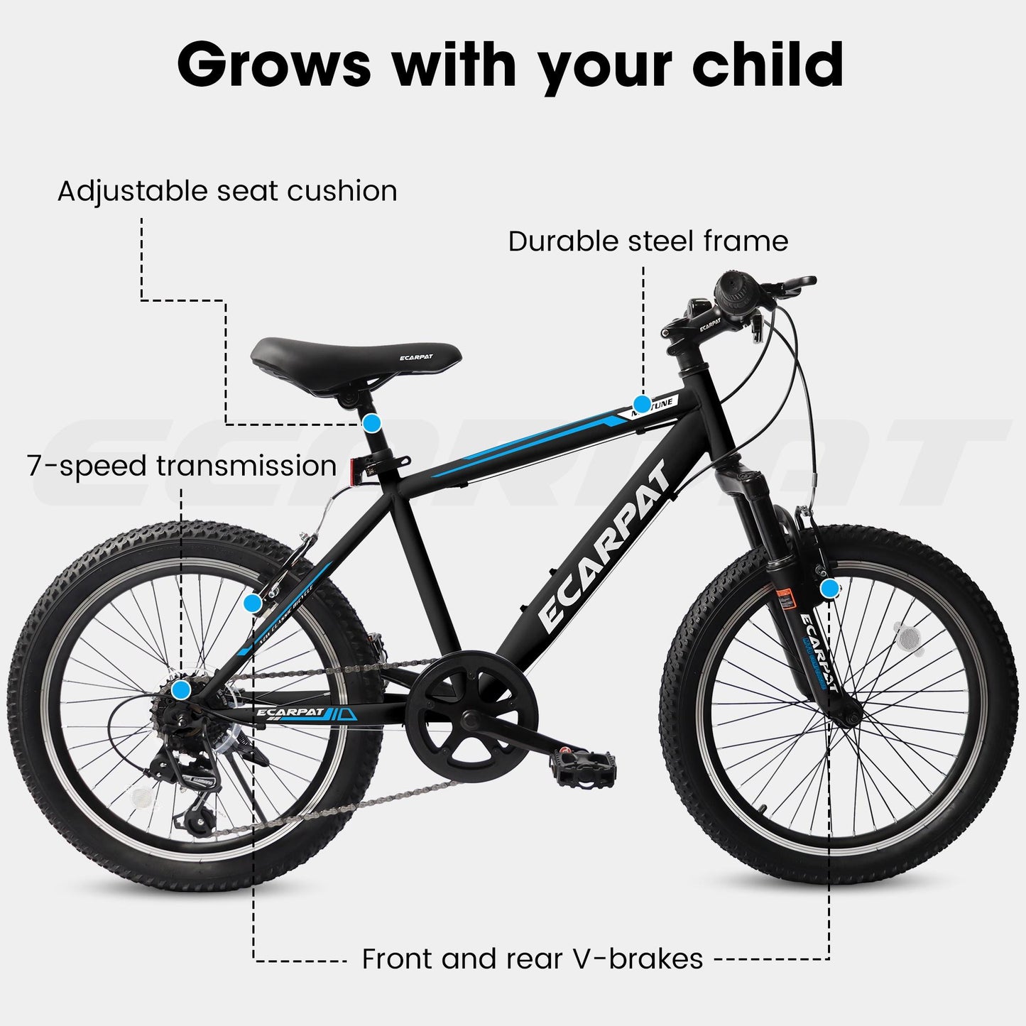 iRerts 20" Kids Bike for 8-12 Year Olds Boys Girls, Gears Shimano 7 Speed Mountain Bike for Kids, Children Bicycle with Adjustable Seat Saddle, Steel Frame Girls Boys Sports Bikes with V-Brake, Black