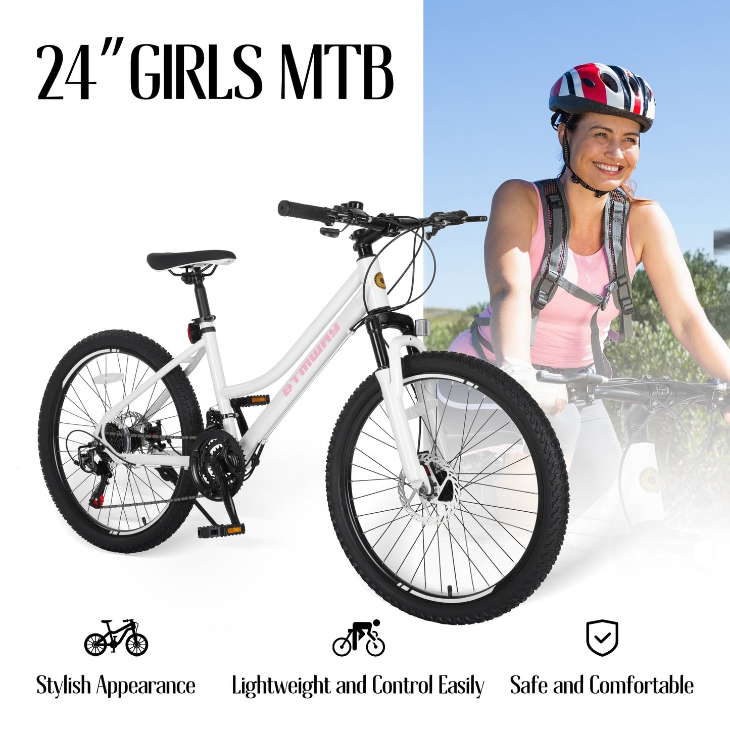 Mountain Bike, iRerts 24 Inch Mountain Bike for Girls, Shimano 21 Speed MTB Women Bicycle with Dual Disc Brakes and Front Suspension Fork, Outdoor Cycling Bike for Adult Work School Commuting, White