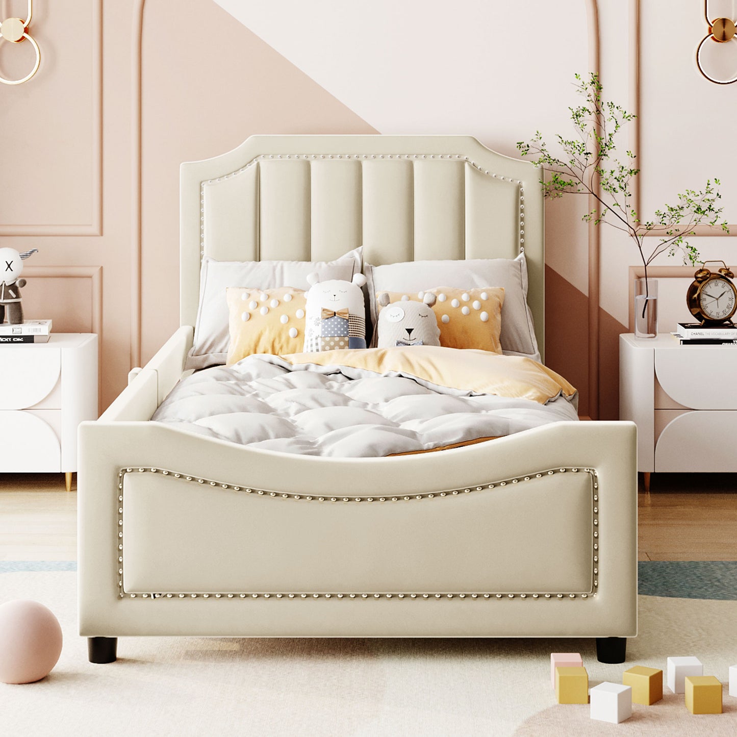 iRerts Upholstered Twin Platform Bed Frame, Velvet Twin Daybed Frame with Classic Stripe Shaped Headboard and Footboard, Wood Twin Size Sofa Bed for Kids Girls Boys, No Box Spring Needed, Beige