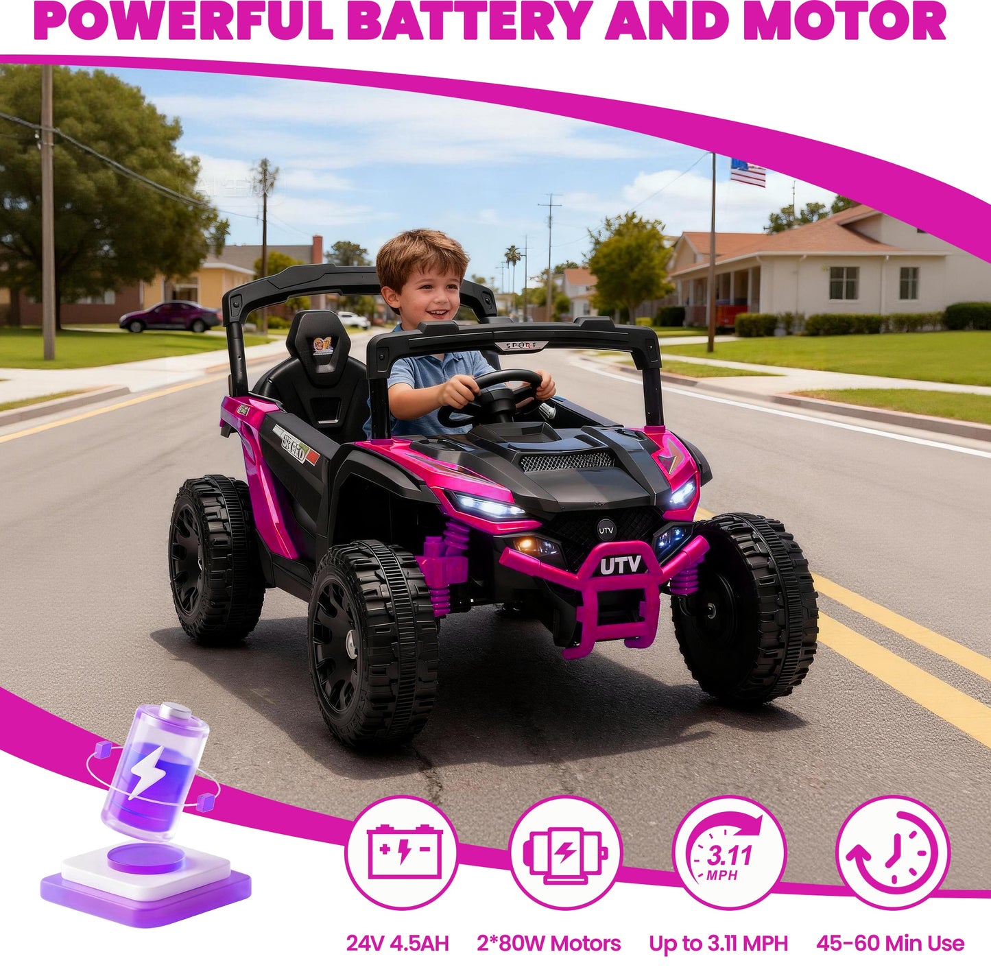 iRerts 24V Powered Ride on Car UTV, Kids Ride on Toys with Remote Control, Bluetooth, Music, 4 Wheels Suspension, LED Light, Kids Cars 4 Wheeler Electric Vehicles for Boys Girls Ages 3-5 Gifts, Pink