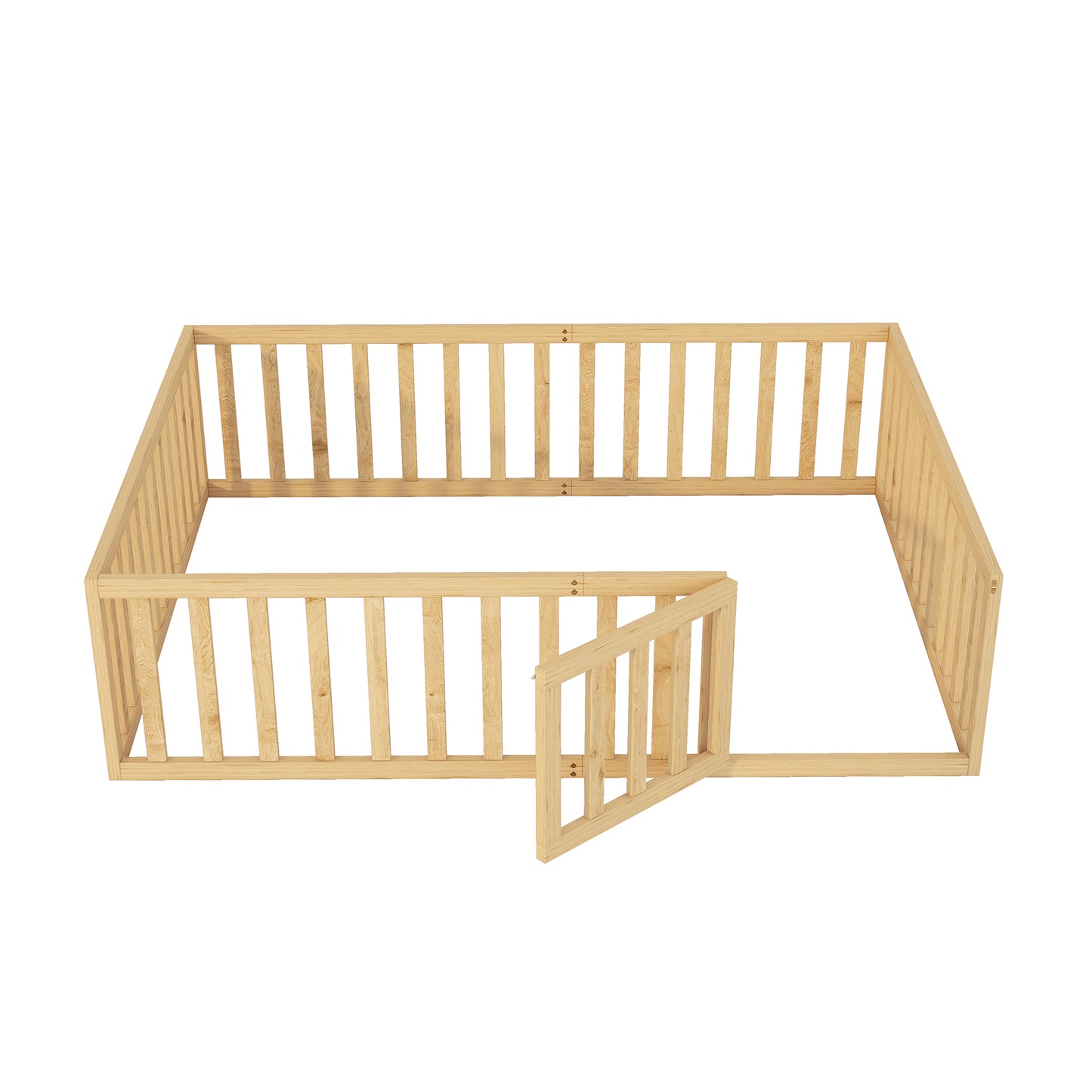 iRerts Queen Floor Bed Frame for Kids Toddlers, Wood Montessori Low Floor Queen Size Bed Frame with Fence Guardrail and Door, kids Queen Bed for Boys Girls, Spring Needed, Natural