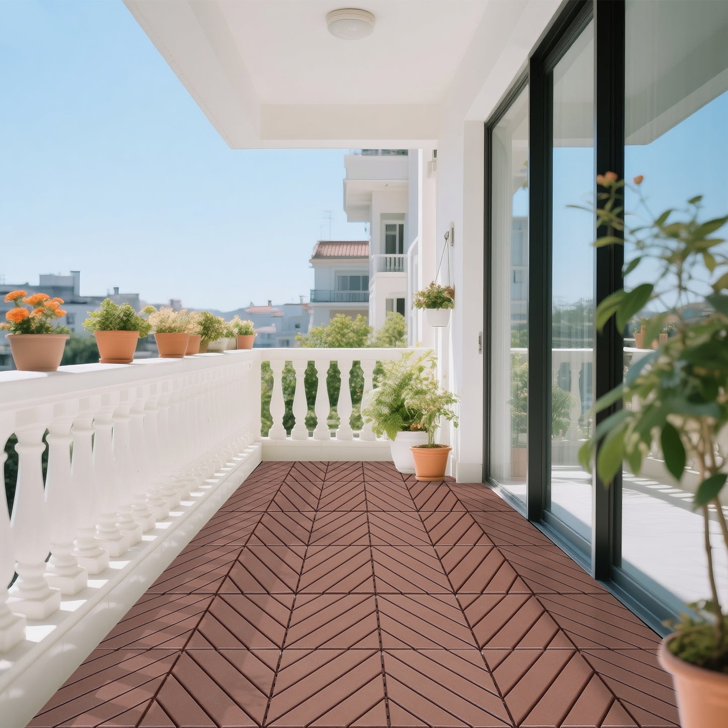 iRerts Plastic Interlocking Deck Tiles, 44 Pack Outdoor Flooring Tiles 12" x 12", All Weather Use, Patio Floor Decking Tiles for Porch Poolside Backyard, Brown