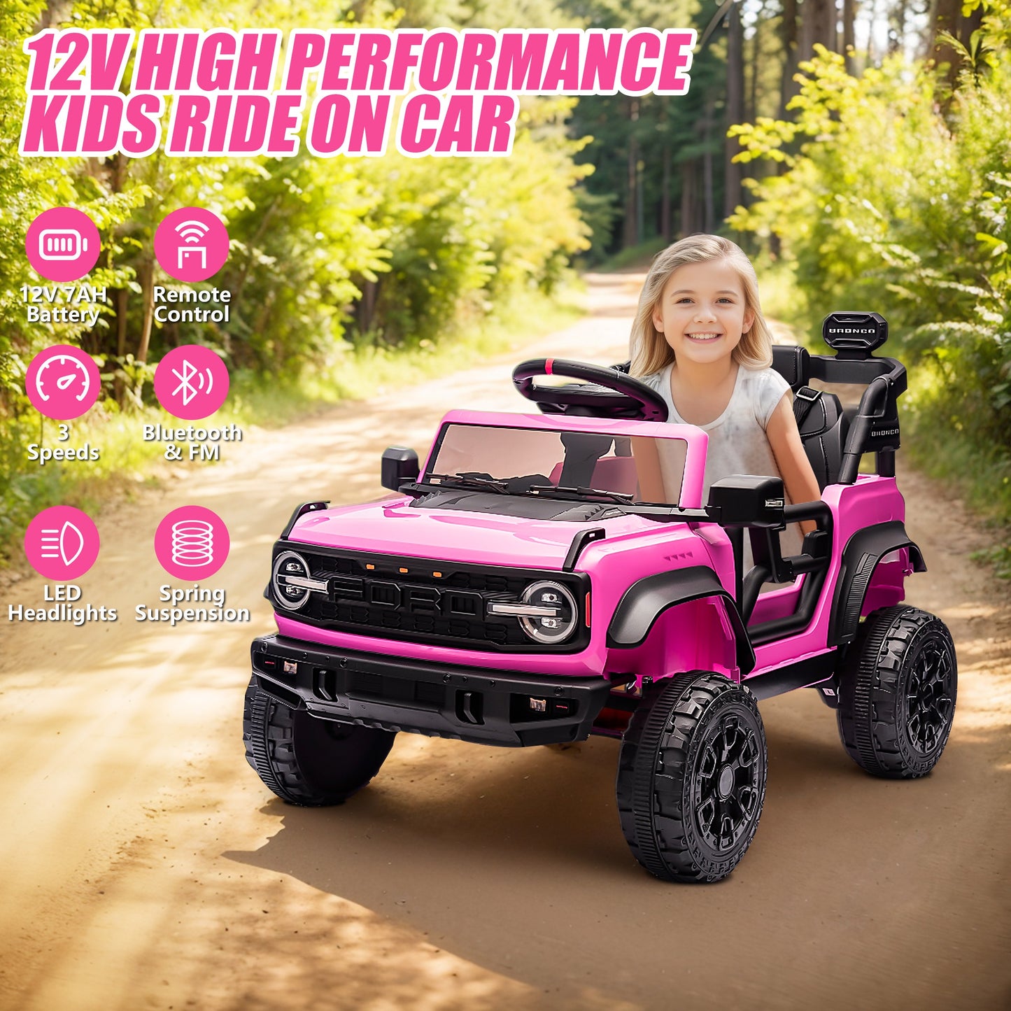 12V Powered Ride on Car, Ford Bronco Raptor Ride on Toys with Remote Control, Battery Powered Ride on Trucks with Bluetooth Music, LED Light, Kids Car Electric Vehicle for Boys Girls Gifts, Pink