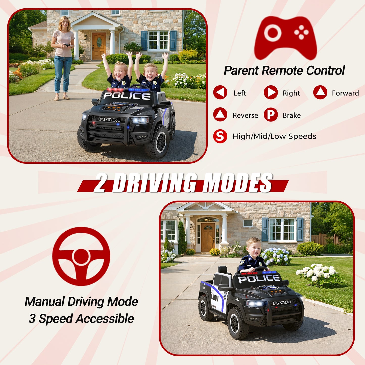 24V Licensed RAM 1500 Ride on Police Car for Kids, 2 Seater Ride on Car with Parent Remote Control, Bluetooth, LED Lights, Siren, Rear Storage, 4-Wheel Suspension, Ages 3-8, Black