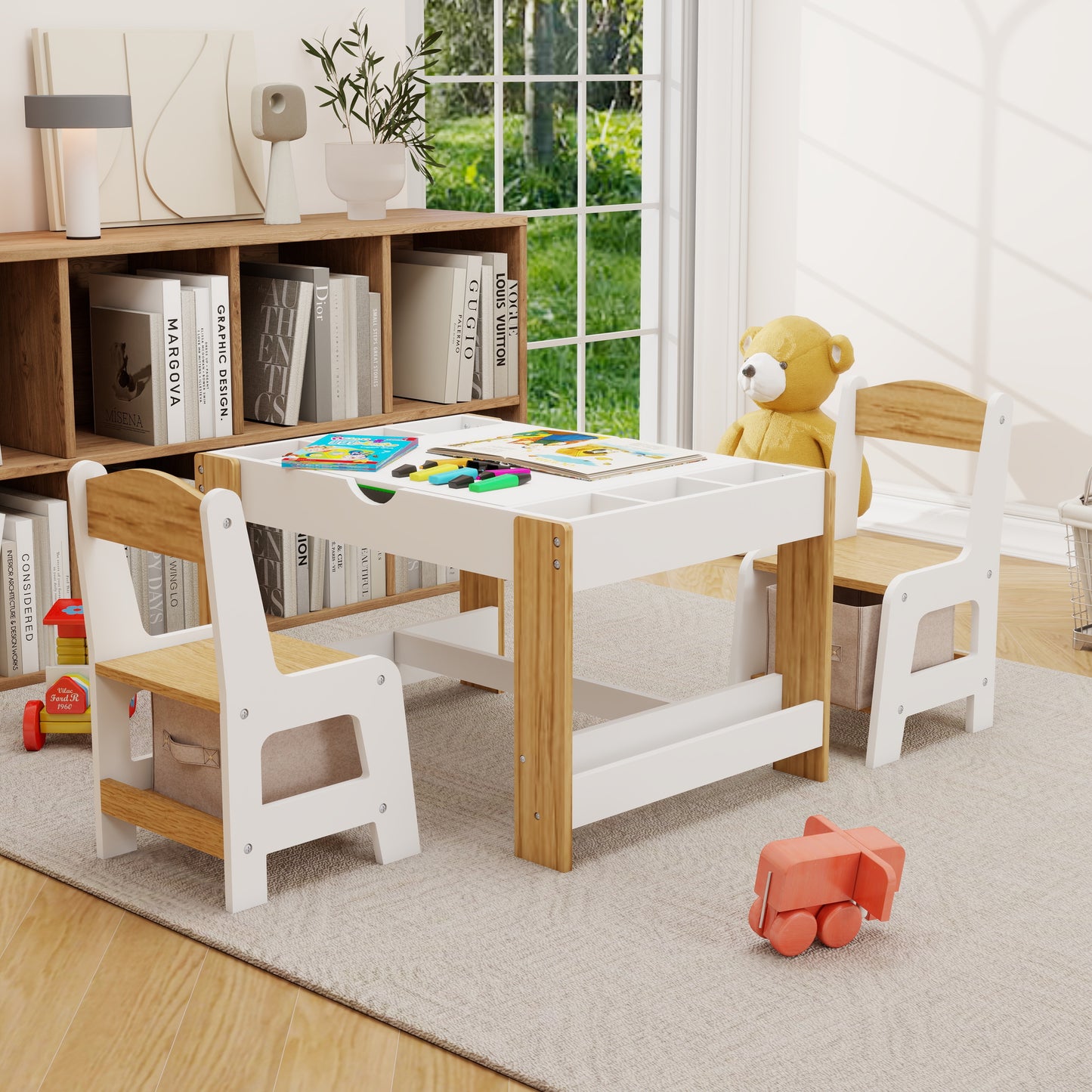 2 in 1 Kids Table Set, Kids Play Activity Table with Building Bricks, Whiteboard, Toy Organizer Compatible, Wood Building Block Desk for Drawing Reading Arts Crafts, White