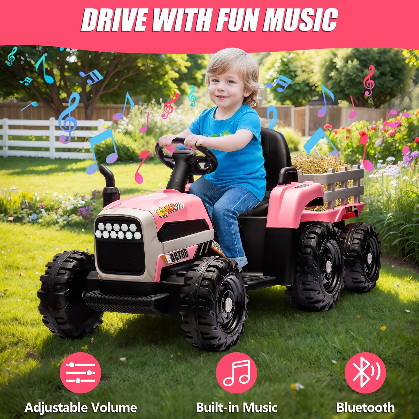 Powered Ride on Toy Tractor, 24V Kids Ride on Car with Remote Control, Electric Vehicles for Kids Toddlers 3-6 Years with 3 Speeds, Bluetooth, Music Player, LED Light, Rear Wheel Suspension, Pink