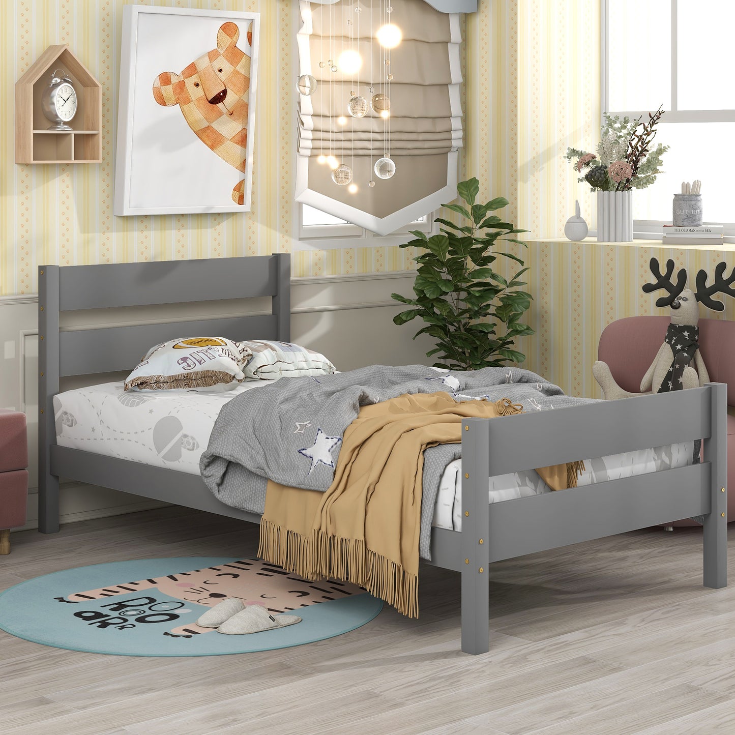 iRerts Wood Twin Bed Frame, Gray Twin Platform Bed Frame with Headboard and Footboard, Modern Twin Bed Frame No Box Spring Needed for Adults Teens Kids, Twin Size Bed Frame with Wood Slat Support