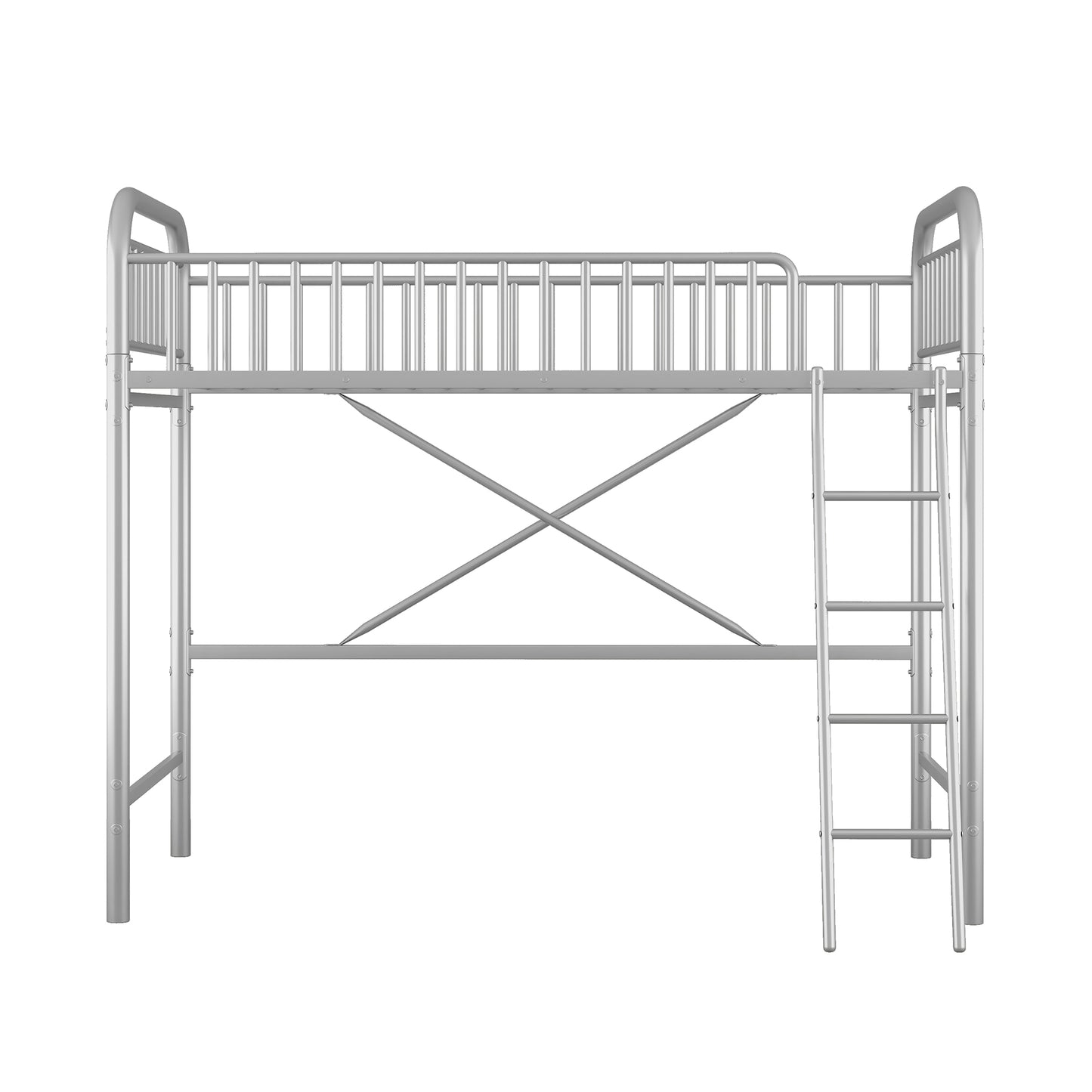 iRerts Twin Size Loft Bed, Metal Loft Bed Twin for Kids Teens Adults, Twin Loft Bed with Ladder and Full-Length Guardrail, Twin Metal Loft Bed for Bedroom Dorm Guest Room, No Box Spring Needed, Silver