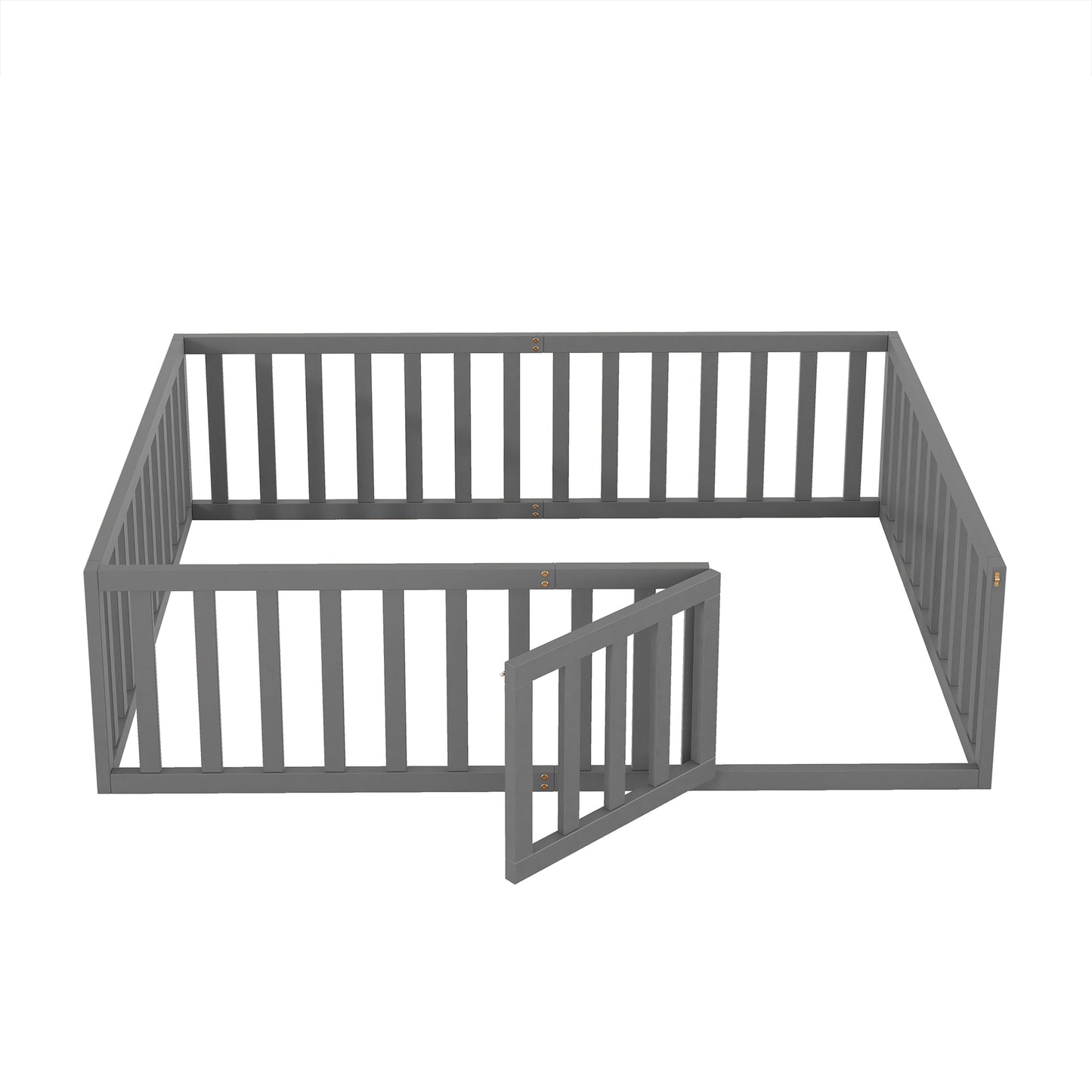 iRerts Full Floor Bed Frame for Kids Toddlers, Wood Montessori Low Floor Full Size Bed Frame with Fence Guardrail and Door, kids Full Bed for Boys Girls, Spring Needed, Gray