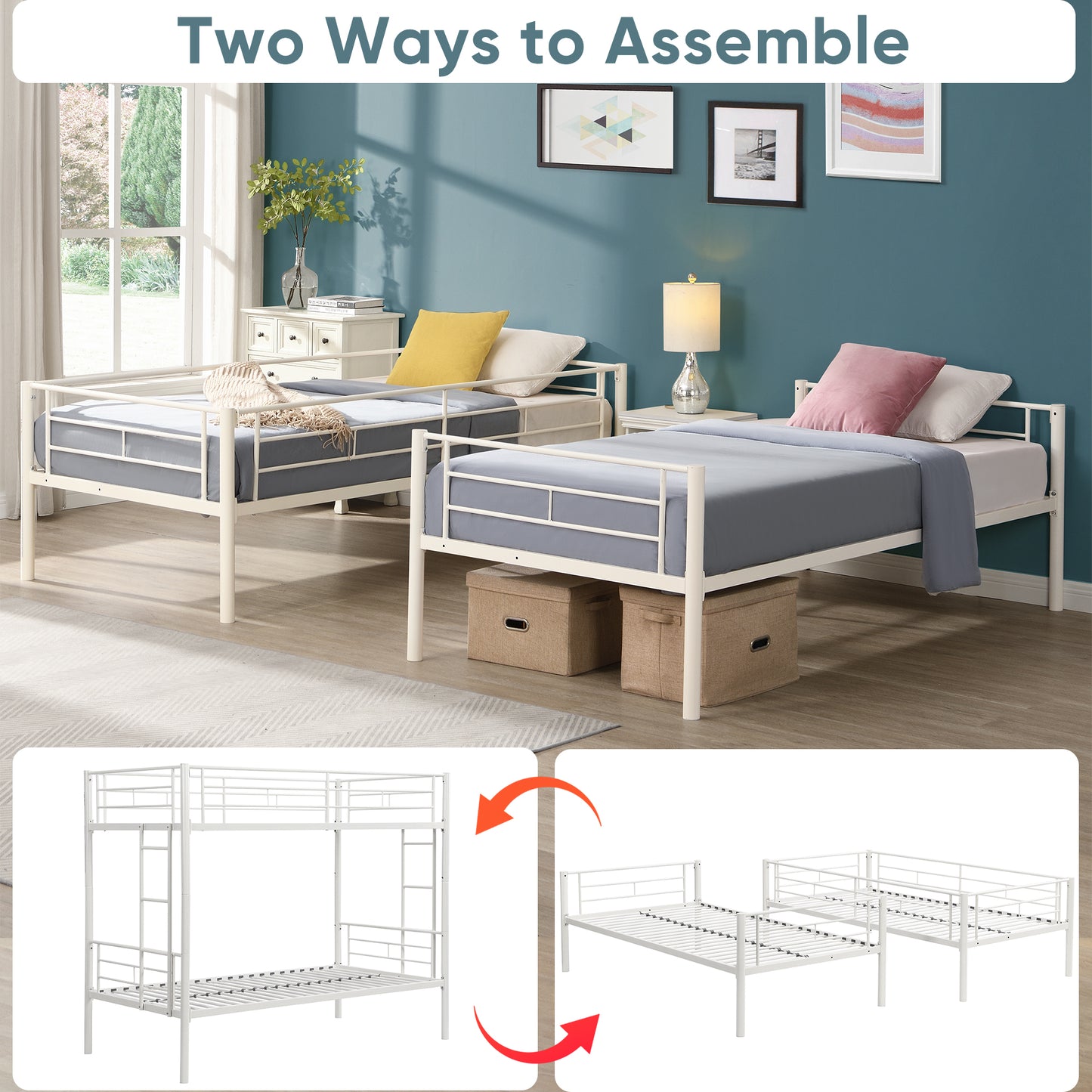 iRerts Metal Twin over Twin Bunk Bed, Convertible Bunk Beds Twin over Twin with 2 Ladders and Full-Length Guardrail, Modern Twin Bunk Beds for Adults Teens Kids Bedroom, No Box Spring Needed, White
