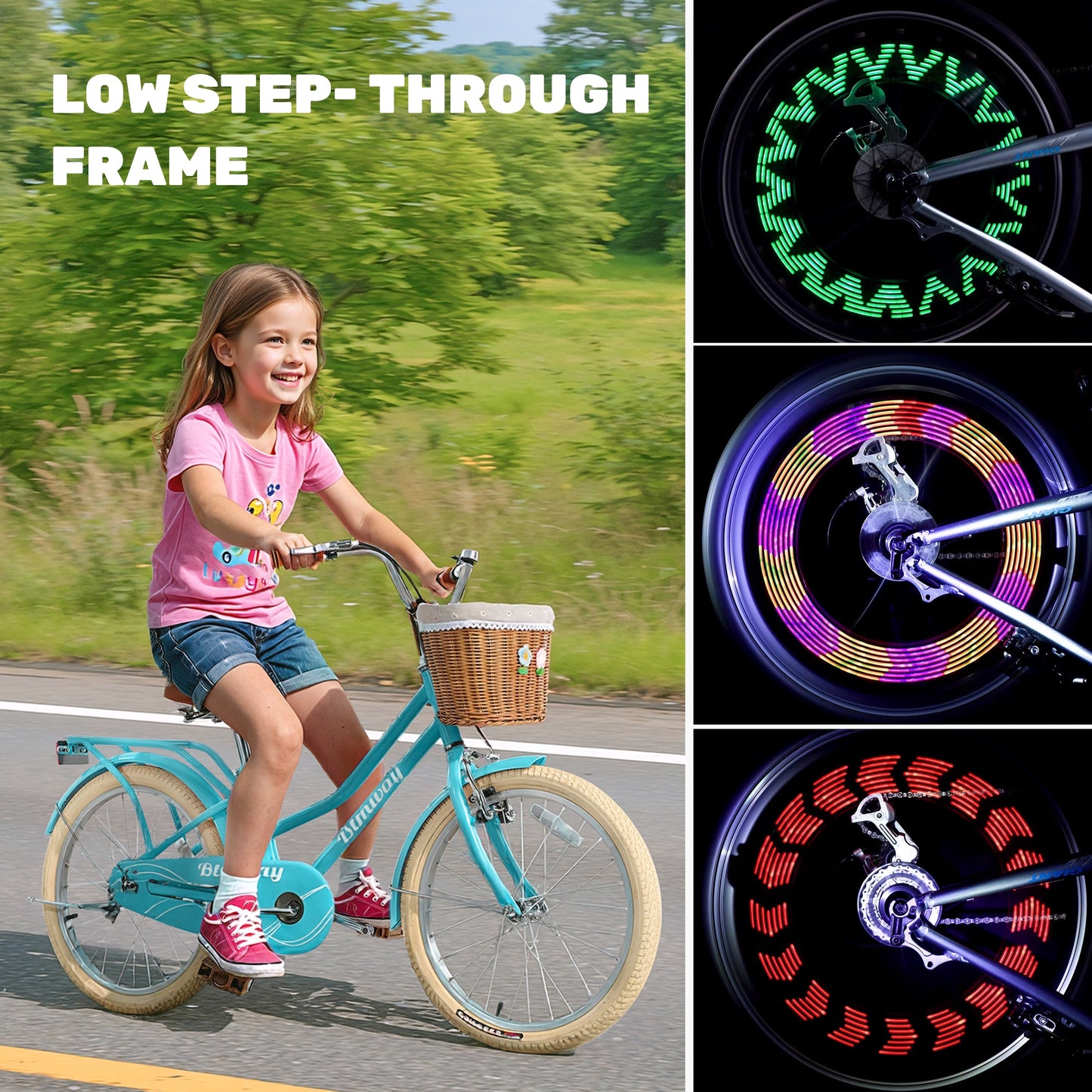 iRerts 20 Inch Girls Bike with Basket, Kids Bike for Girls Ages 7-10 with Bike Wheel Lights, Girls Bicycle with Kickstand, Leather Saddle, Coaster Brakes, Blue
