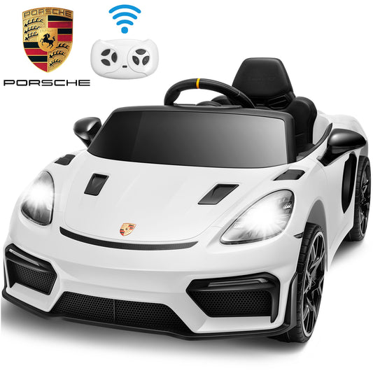12V Powered Ride On Toys, Licensed Porsche 718 Ride on Car for Kids Boys Girls Christmas Gifts Ages 3-5, Kids Cars Electric Vehicle with Remote Control, Bluetooth, Music, LED Light, 4 Wheeler, White