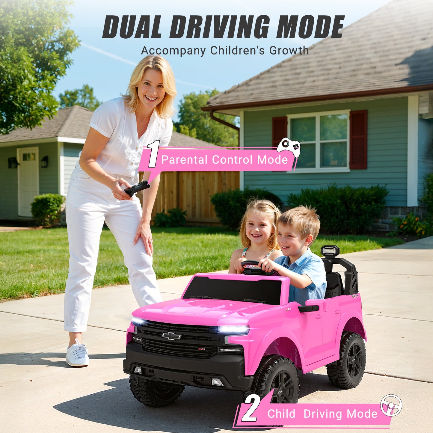 24V Powered Ride on Toys Car, Licensed Chevrolet Silverado 2 Seater Ride on Cars with Remote Control, Spring Suspension, LED Lights, Bluetooth Music, Toddler Electric Car for Kids Ages 3+, Pink