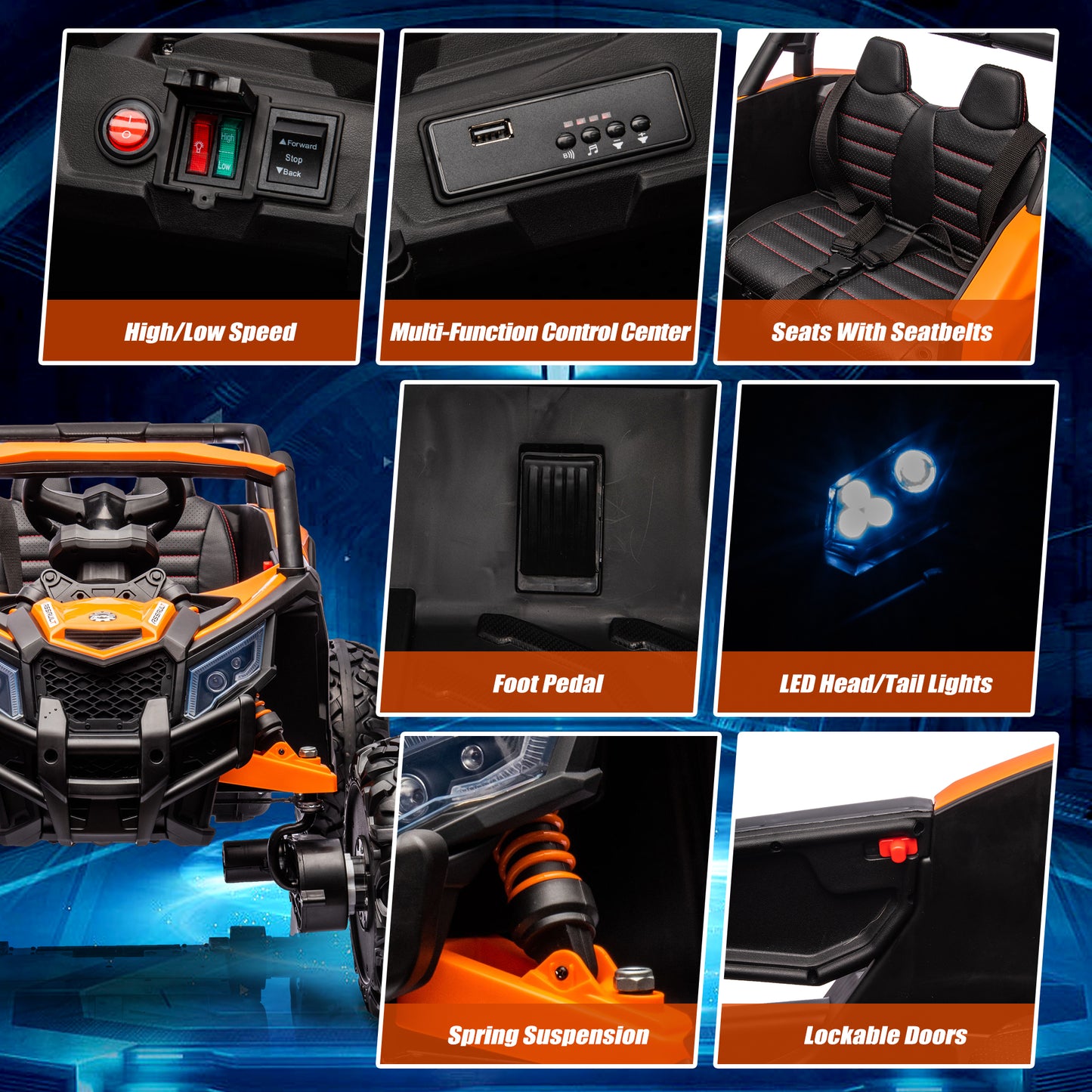 iRerts Orange 24V Battery Powered Ride on UTV Cars for Boys Girls, Kids Ride on Toys with Remote Control, Music, LED Light, USB, Bluetooth, Large Seat Kids Electric Vehicle for Christmas Birthday Gift