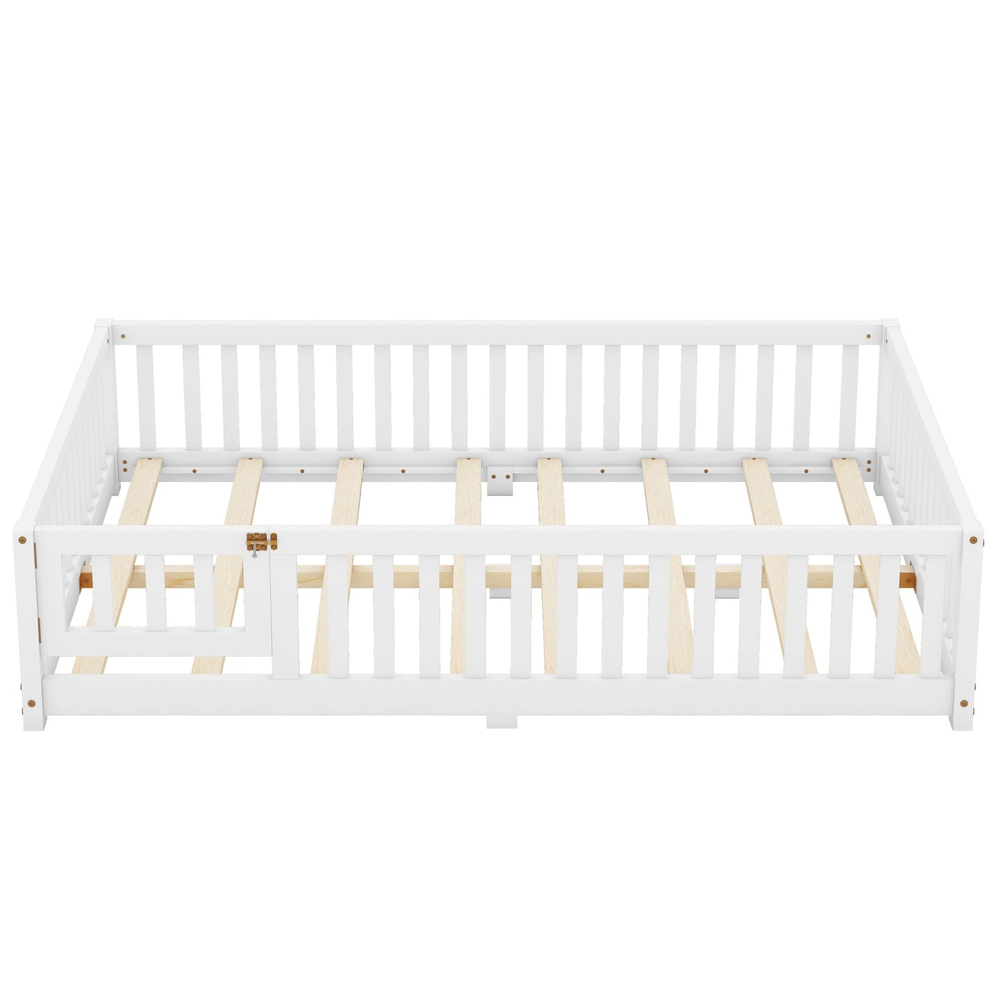 iRerts Full Floor Bed Frame for Toddlers Kids, Wood Full Montessori Bed Frame with Slats, Fence, Door, Kids Montessori Bed Full Size, Full Toddler Bed Frame for Boys Girls, White