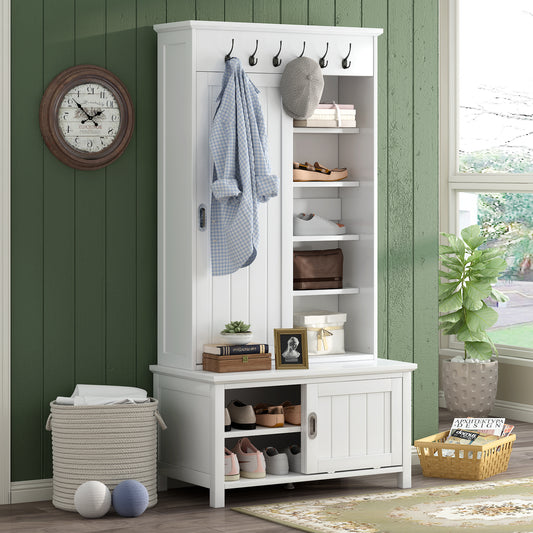 Hall Tree Coat Rack, iRerts 4-in-1 Entryway Bench with Storage, Coat Rack Shoe Bench with Sliding Door, 6 Hooks, Coat Hanger, Shelves, Storage Bench, Hall Trees for Entryway Living Room Bedroom, Black