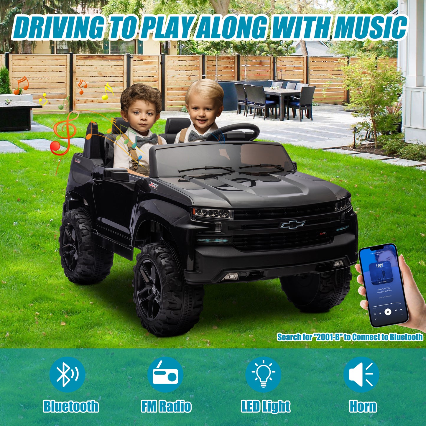 Chevrolet Silverado 24V Ride on Cars with Remote Control, 2 Seater 4 Wheels Kids Electric Cars with Bluetooth, LED Lights, Battery Powered Ride on Truck Toys for Boys Girls Christmas Gifts, Black