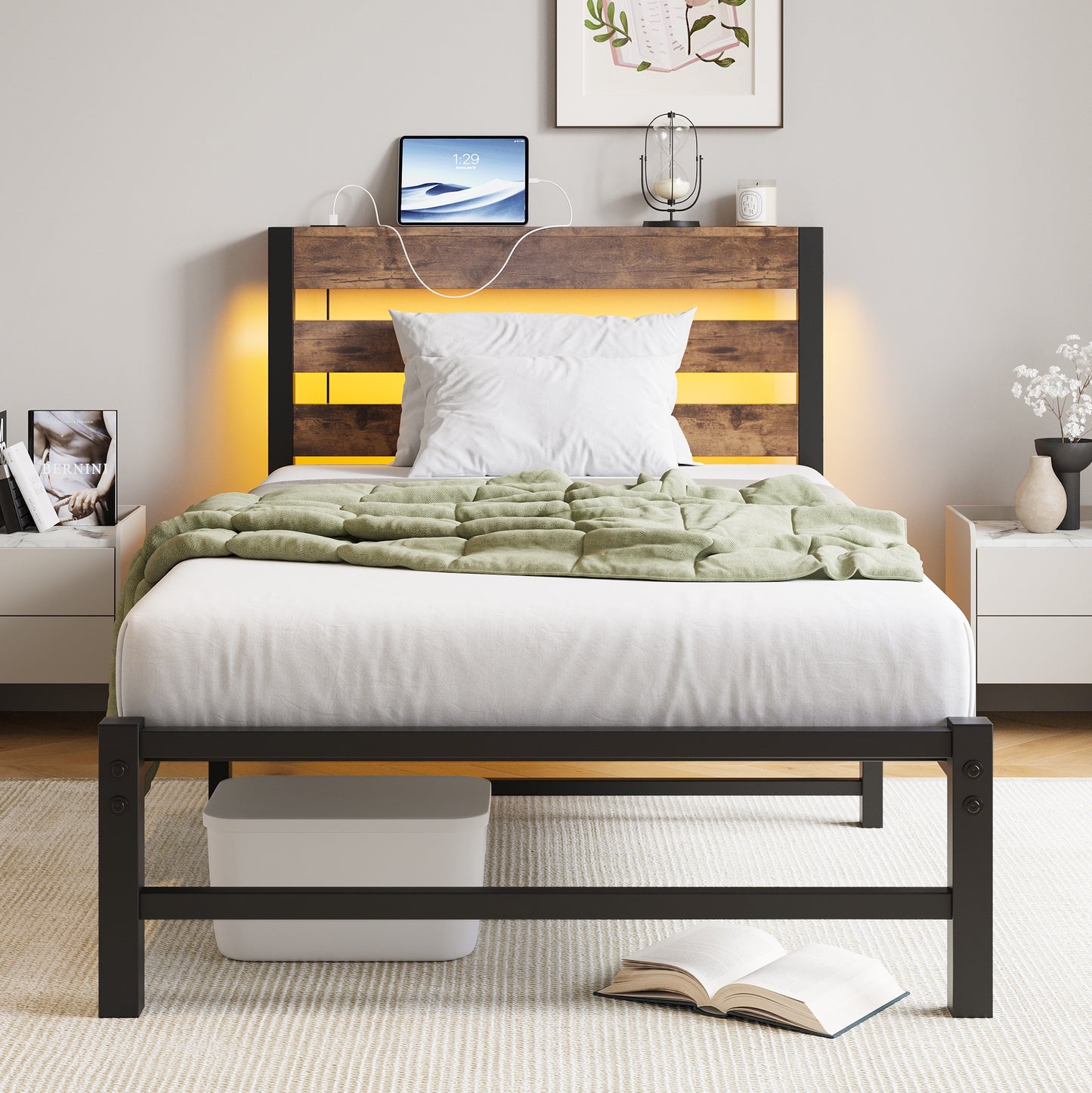 iRerts Twin Bed Frame with Headboard, Metal Platform Bed Frame Twin Size with USB Charging Station, LED Lights, Steel Slats, LED Bed Frame No Box Spring Needed for Bedroom Furniture, Brown