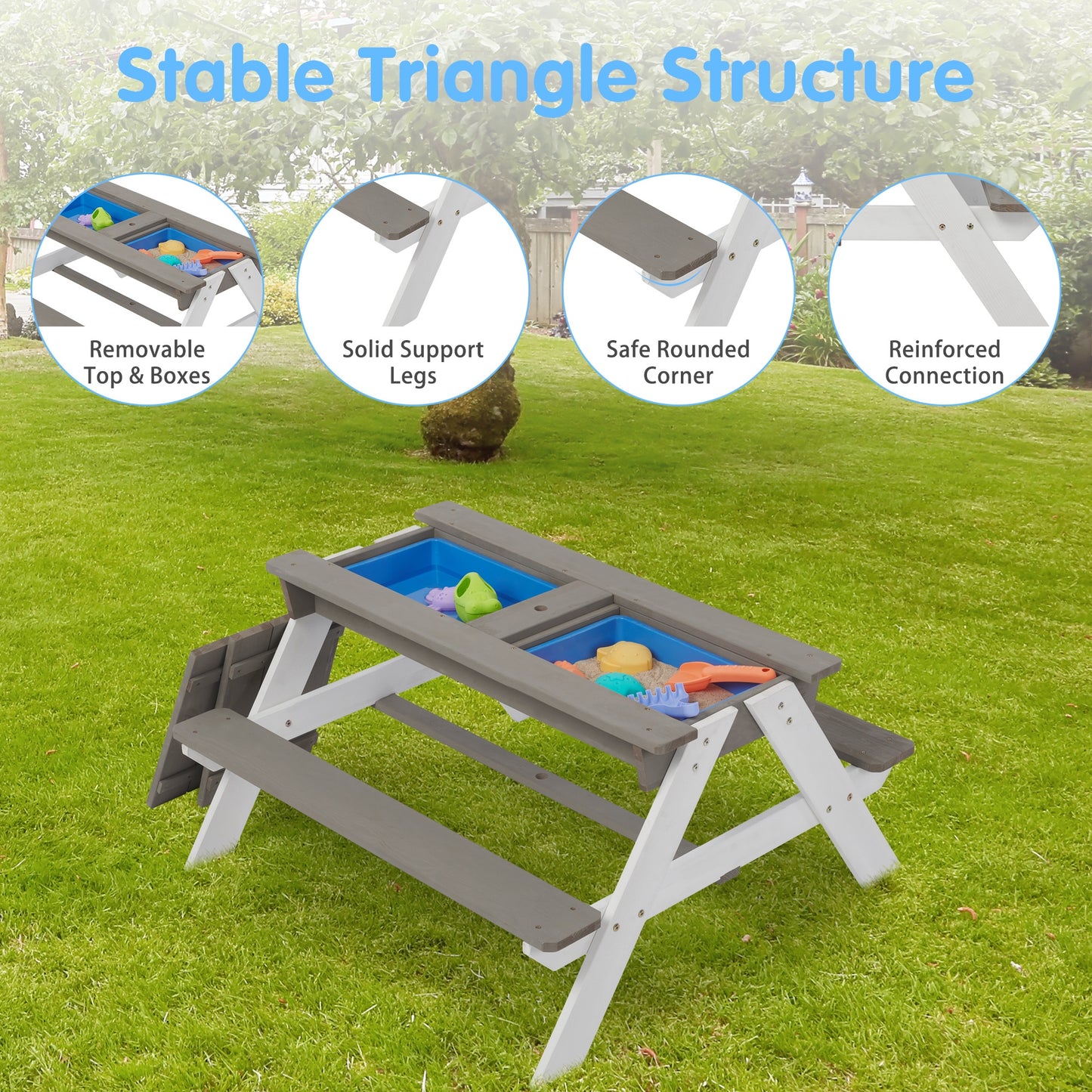Kids Outdoor Picnic Table Set with Bench, 3 in 1 Sand and Water Activity Table Outdoor Convertible Picnic Table with Umbrella, Removable Tabletop, Play Boxes, Kids Table and Chair Set for Patio, Gray