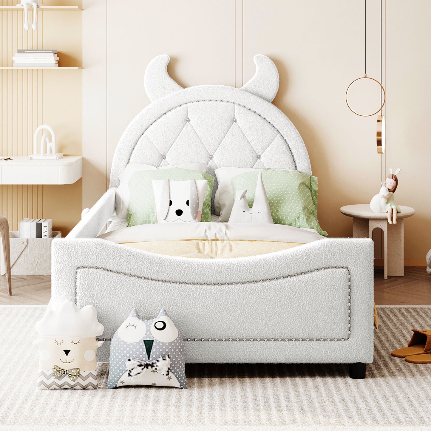 iRerts Twin Size Upholstered Daybed Frame for Kids, Teddy Fleece Twin Platform Bed Frame with OX Hor Shaped Headboard and Footboard, Wood Twin Size Sofa Bed for Girls Boys, White